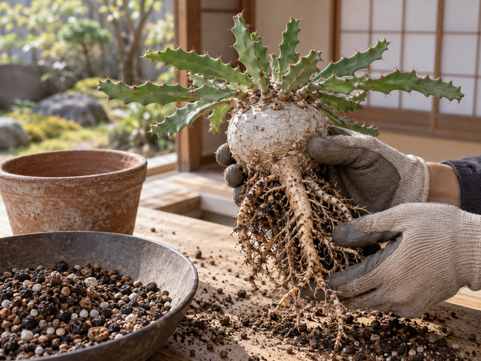 植え替えのために鉢から抜いた飛竜。かぶのように太った白灰色の塊根の下に太い根が伸び、頂から平たい枝が広がっている
