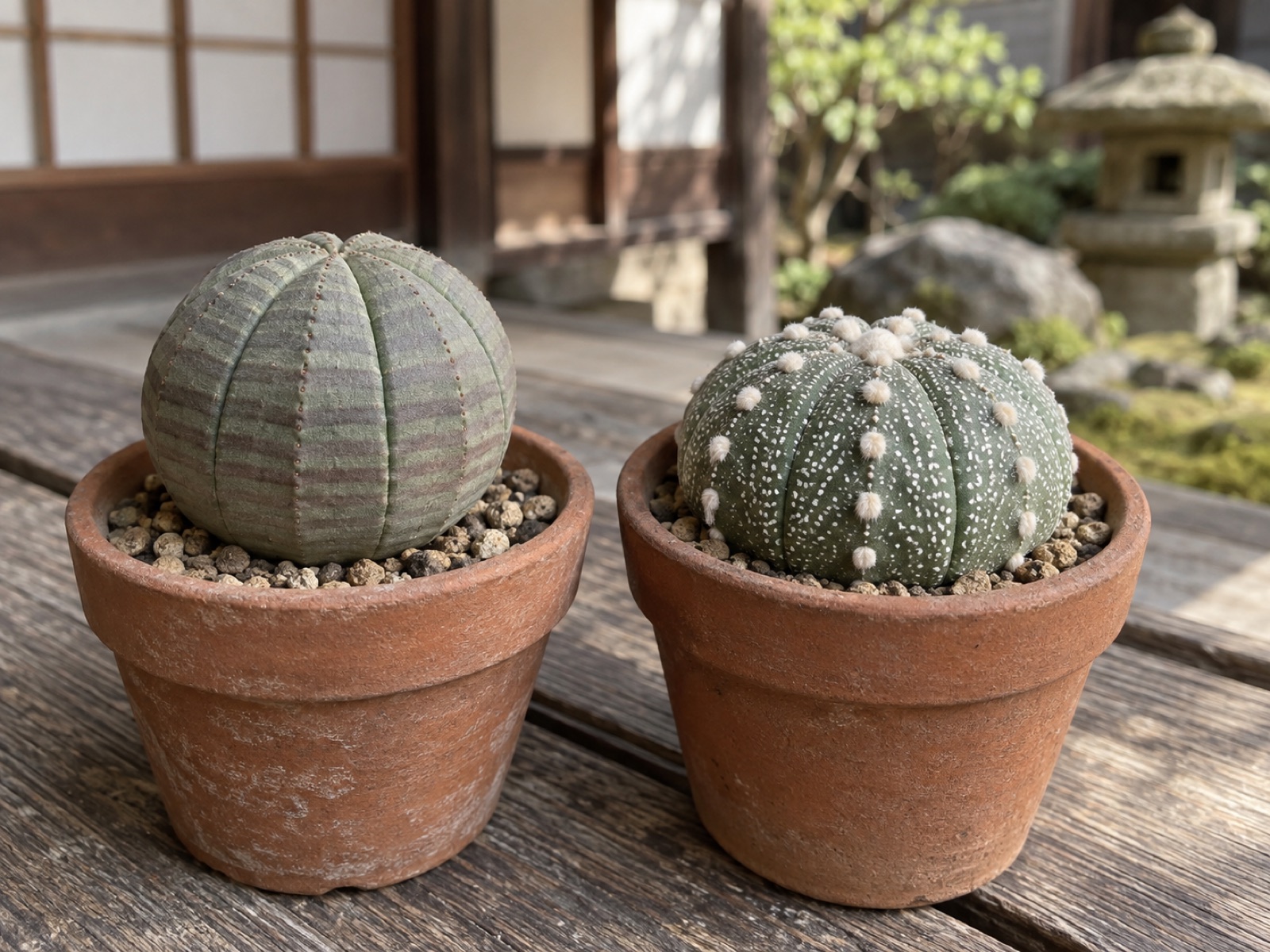 左に横縞の入ったつるりとした球形のオベサ、右に稜の中央へ白い綿毛が一列に並んだ兜丸