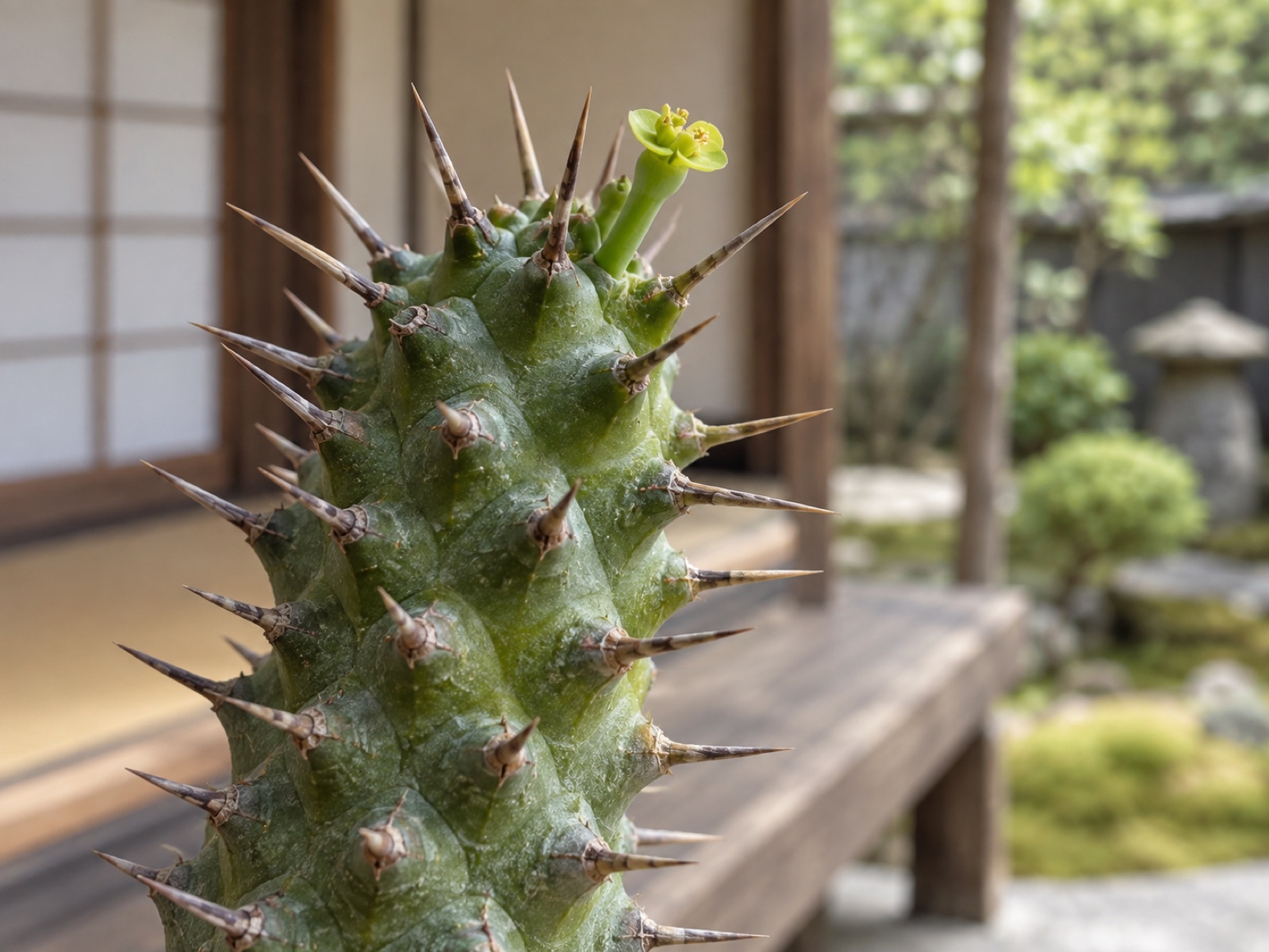 闘牛角の茎の表面。螺旋状に並ぶ円錐形のいぼの先から硬いとげが伸び、頂部に小さな黄緑色の花が咲いている