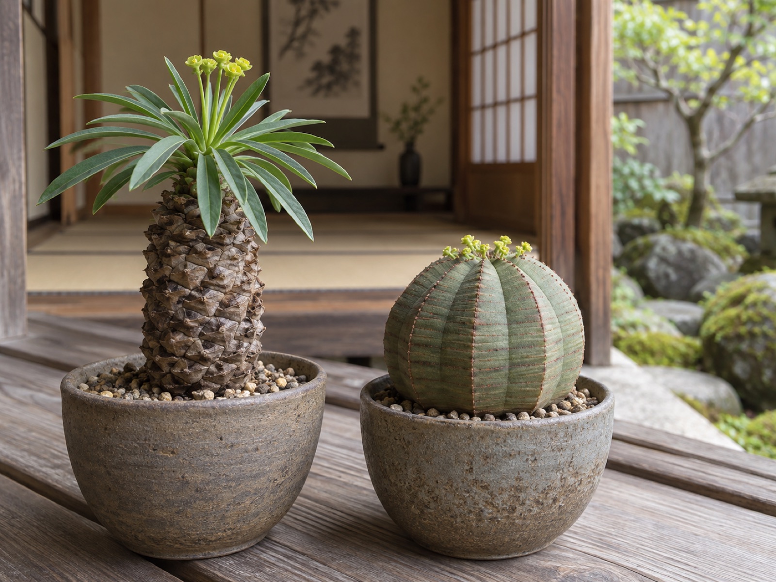 左は葉のロゼットの中心から短い花柄を伸ばして小さな黄緑の花をつけた鉄甲丸、右は球の頂部の稜の上に数ミリの黄緑の花が並ぶオベサ