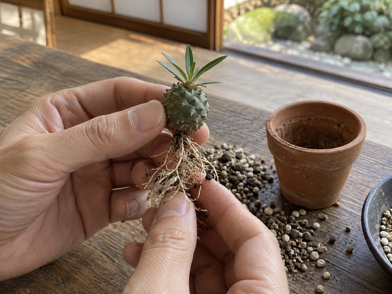 小さなオベサ鉄甲の苗を鉢から抜いて、白い根の張り具合を確かめている手元。傍らに空の素焼き鉢と乾いた粒状の用土