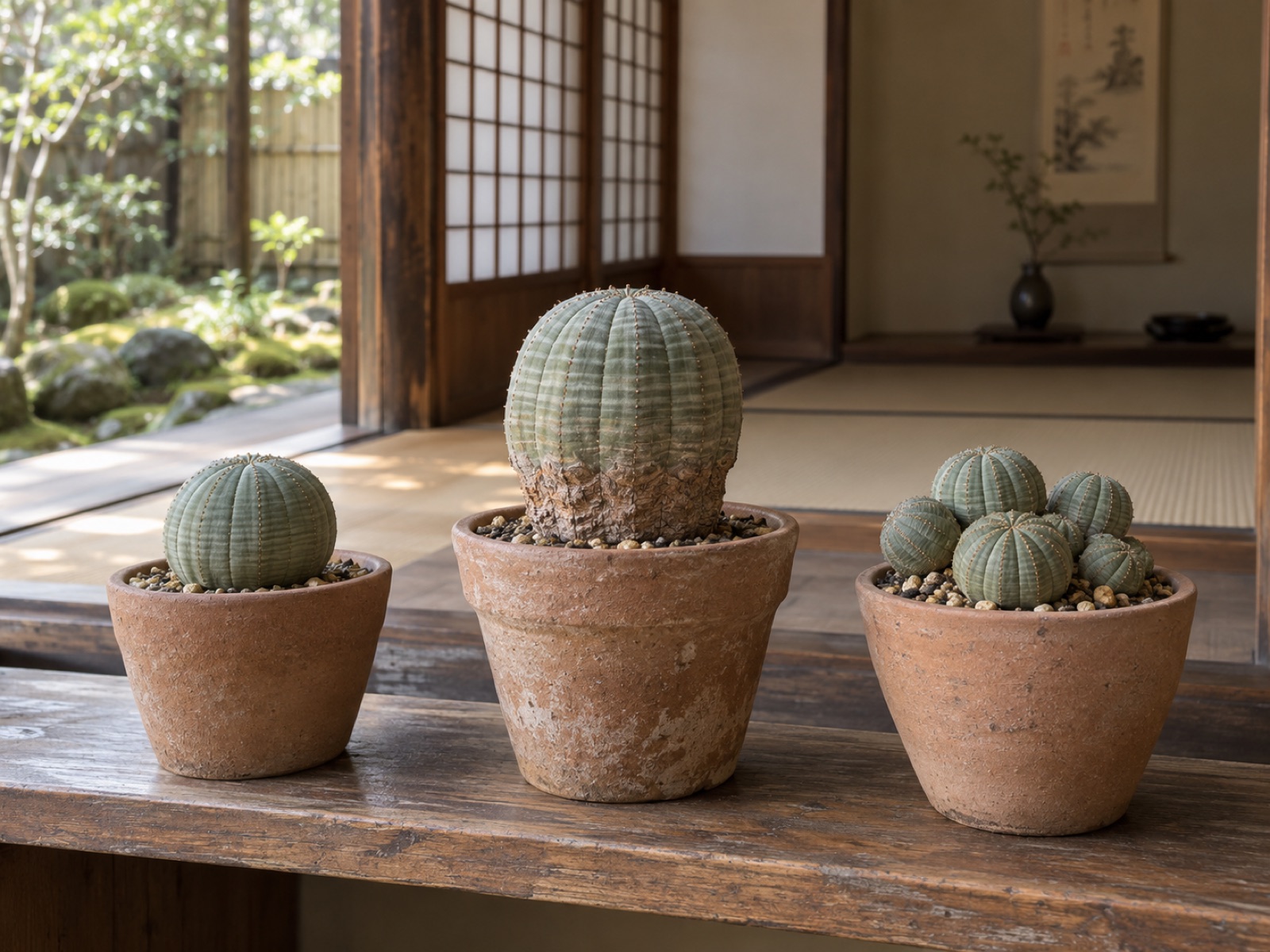 素焼き鉢に植えた3つのオベサ。左は小さく丸い若い株、中央は根元が木質化して円柱に近づいた株、右は小さな球がいくつも寄り集まった群生株