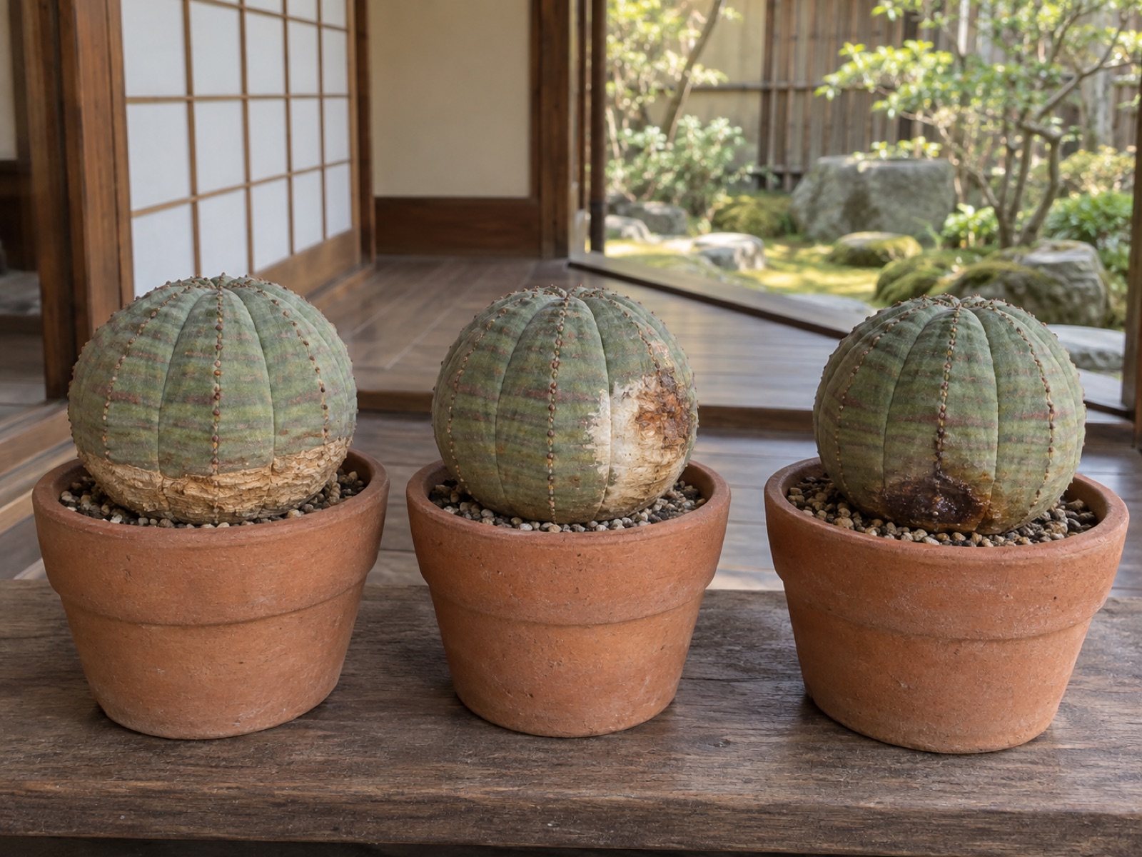 3鉢のオベサを並べたところ。左は株元が茶色く木質化、中央は片側に日焼けの跡、右は土際に濃い茶色の沈んだ染み