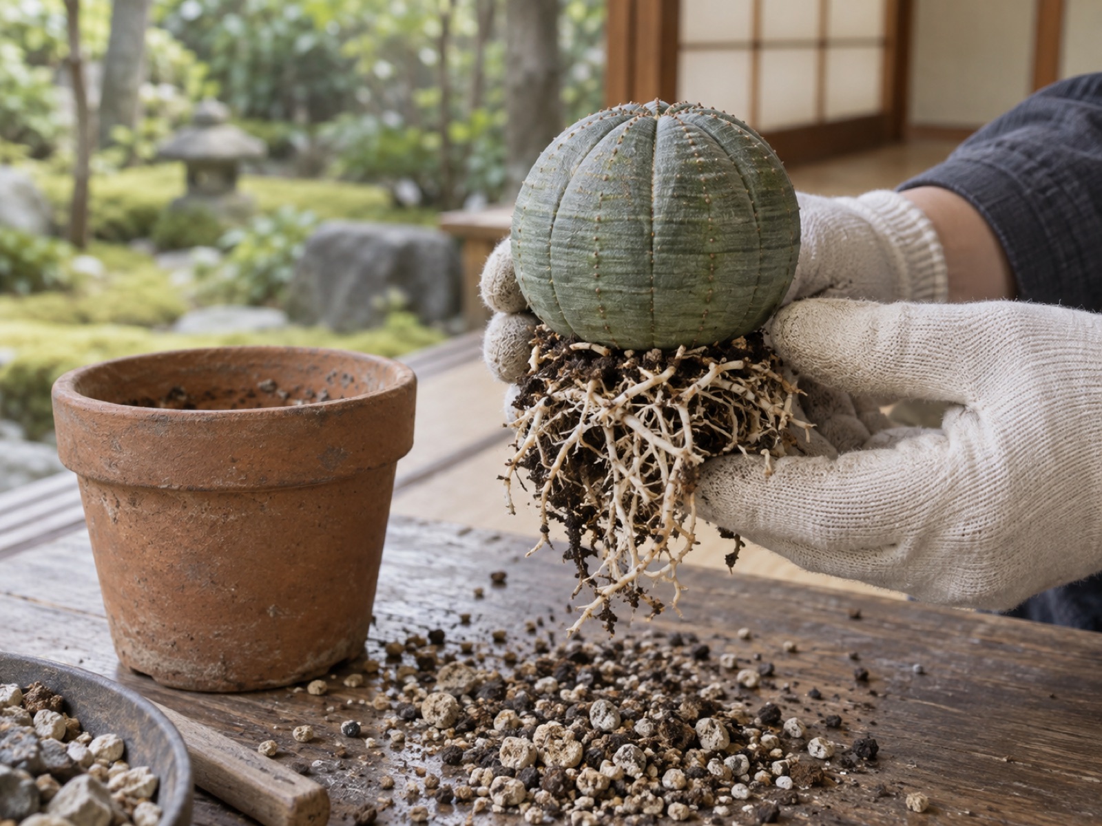 鉢から抜いたオベサを手袋をした手で持ち、白く張りのある根の状態を確かめている