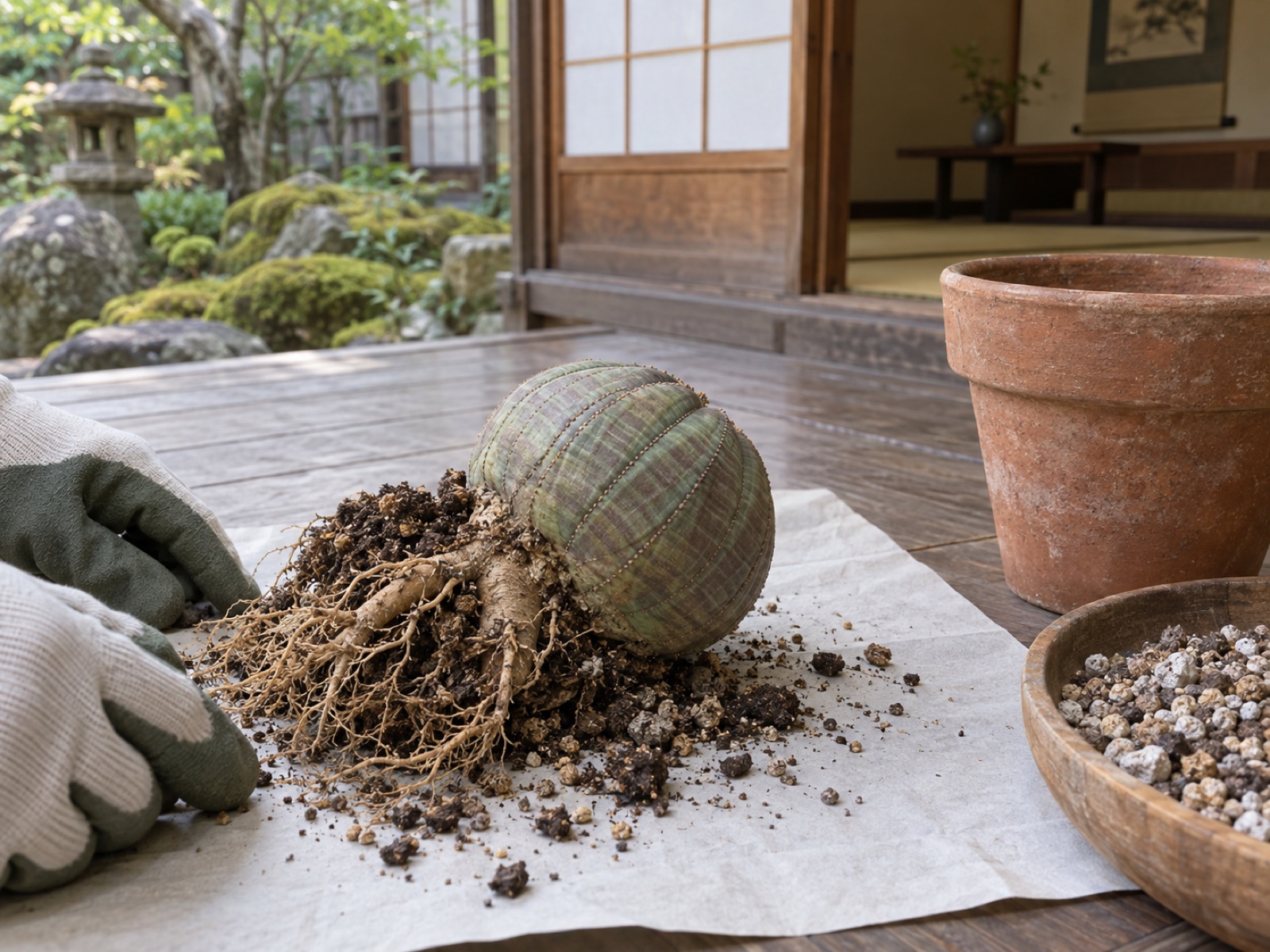 鉢から抜いた大きなオベサを紙の上に横たえ、太い根と細い根が見えている。脇に手袋をした手と、ひとまわり大きな素焼き鉢と用土