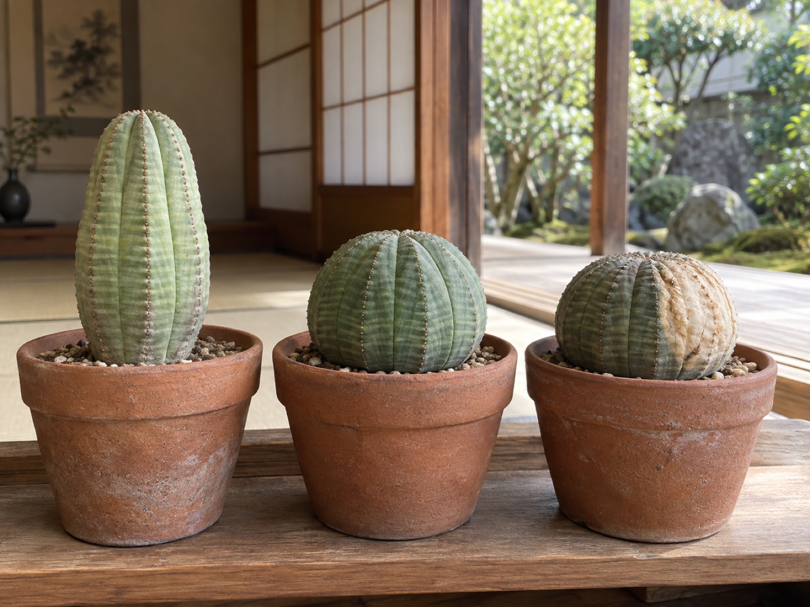 縁側の棚に並ぶ3鉢のオベサ。左は上へ細く伸びて色の薄い株、中央は丸く締まった株、右は光の当たる片側が白っぽく抜けて茶色くなった株