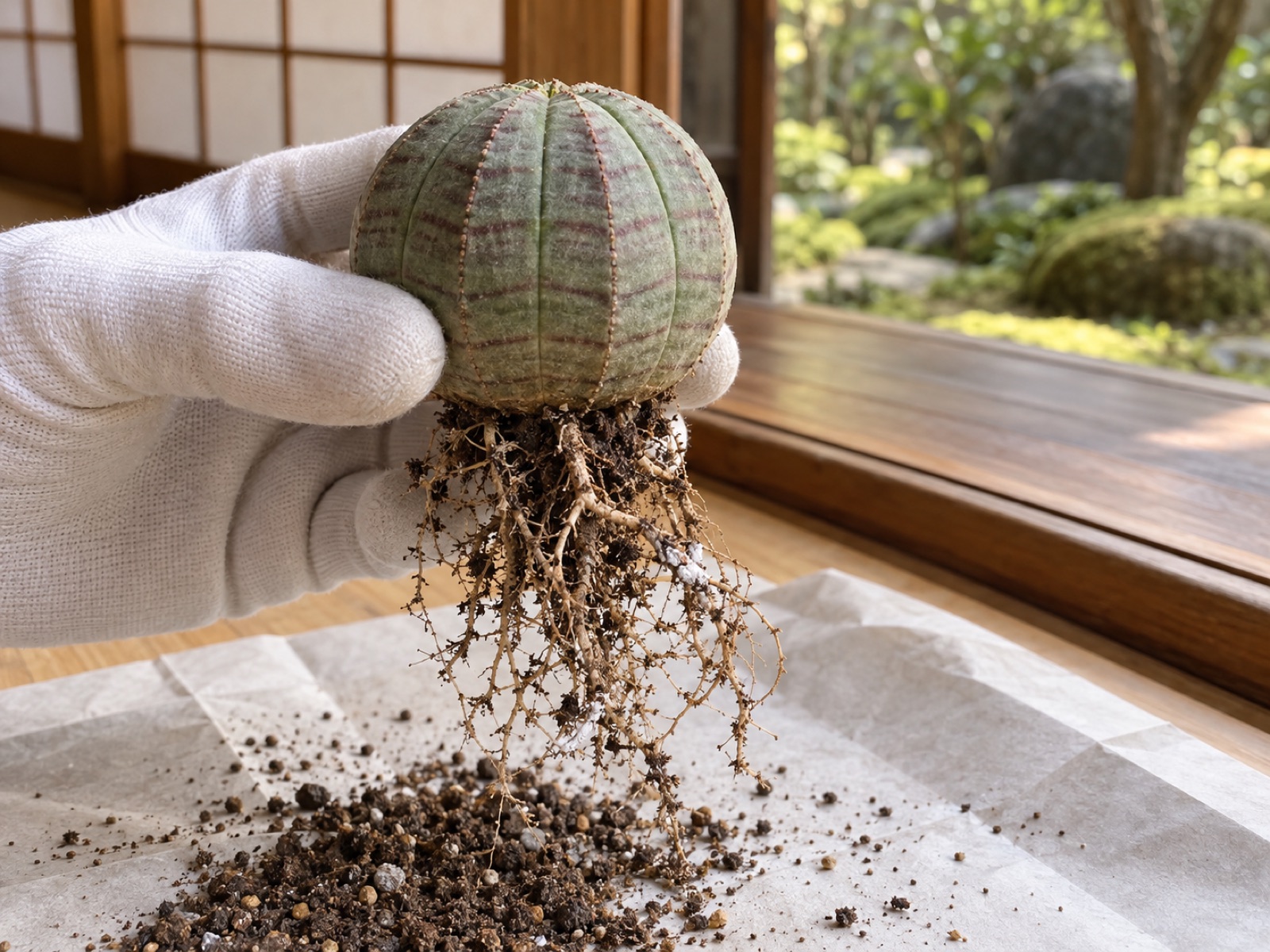 手袋をした手でオベサを鉢から抜き、土を落とした根に白い粉のようなかたまりがついているのを確かめている様子