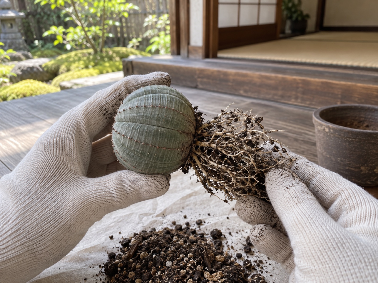 鉢から抜いたオベサの根を手袋をした手で確かめている手元
