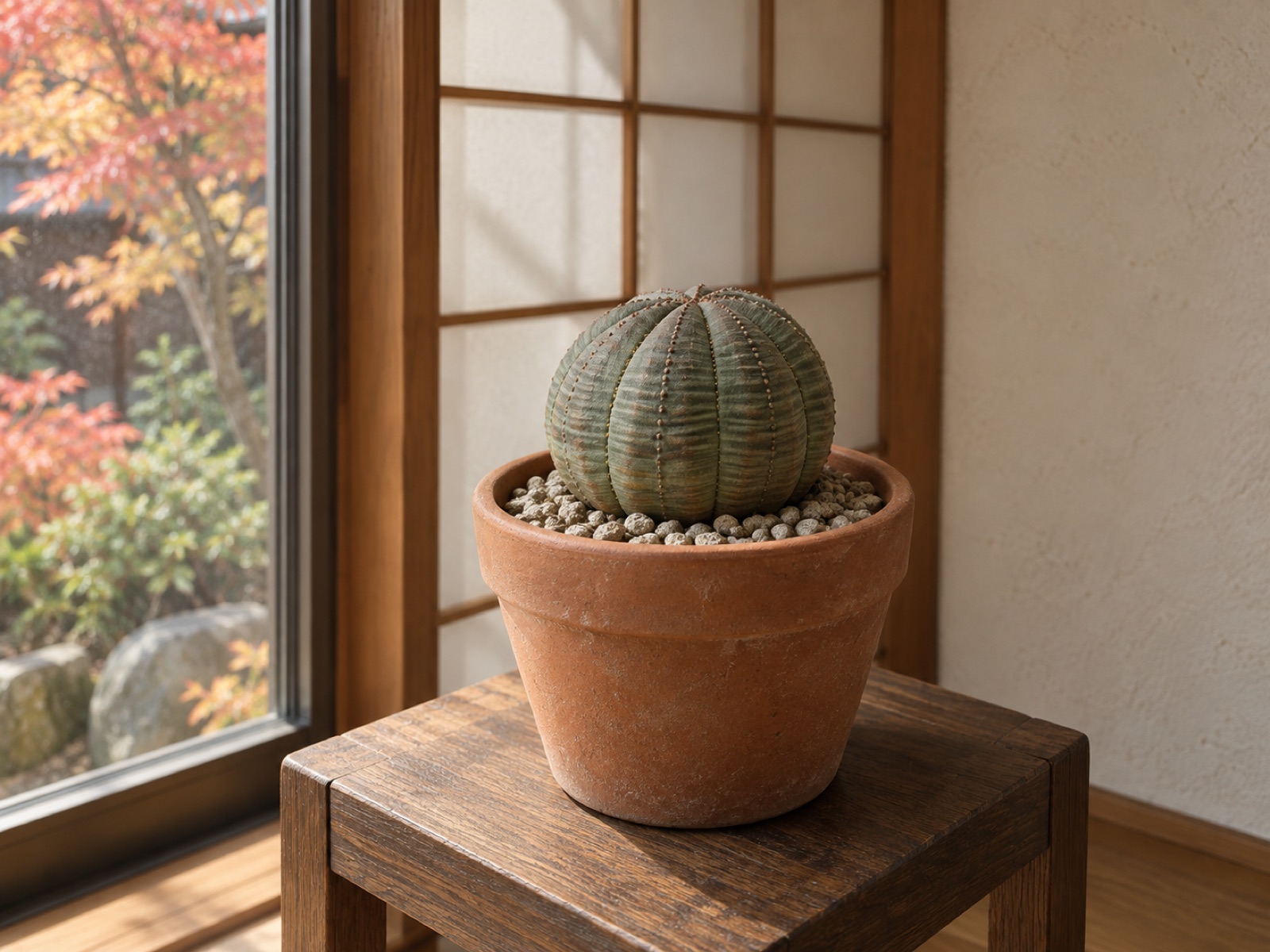 秋に室内の窓辺へ取り込まれたばかりの、素焼き鉢に植わった球形のオベサ