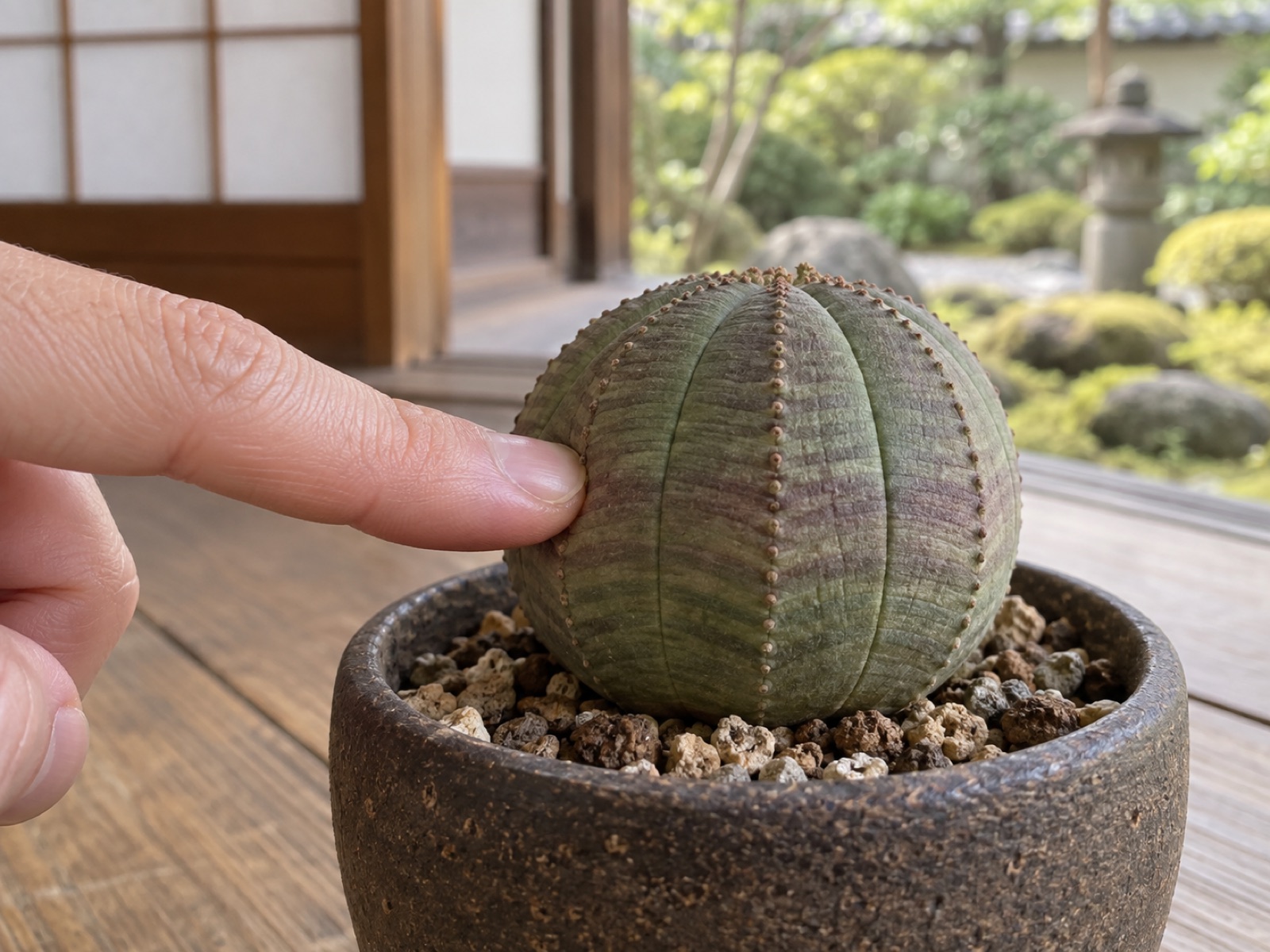 浅いしわの寄ったオベサの側面を指先で押して硬さを確かめている手元