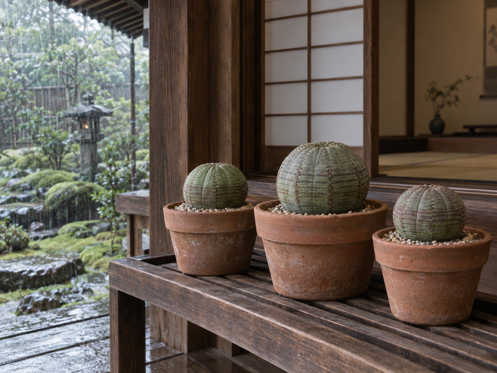 梅雨の日、深い軒のある縁側の奥で、雨のかからないすのこ棚に並ぶ素焼き鉢のオベサ