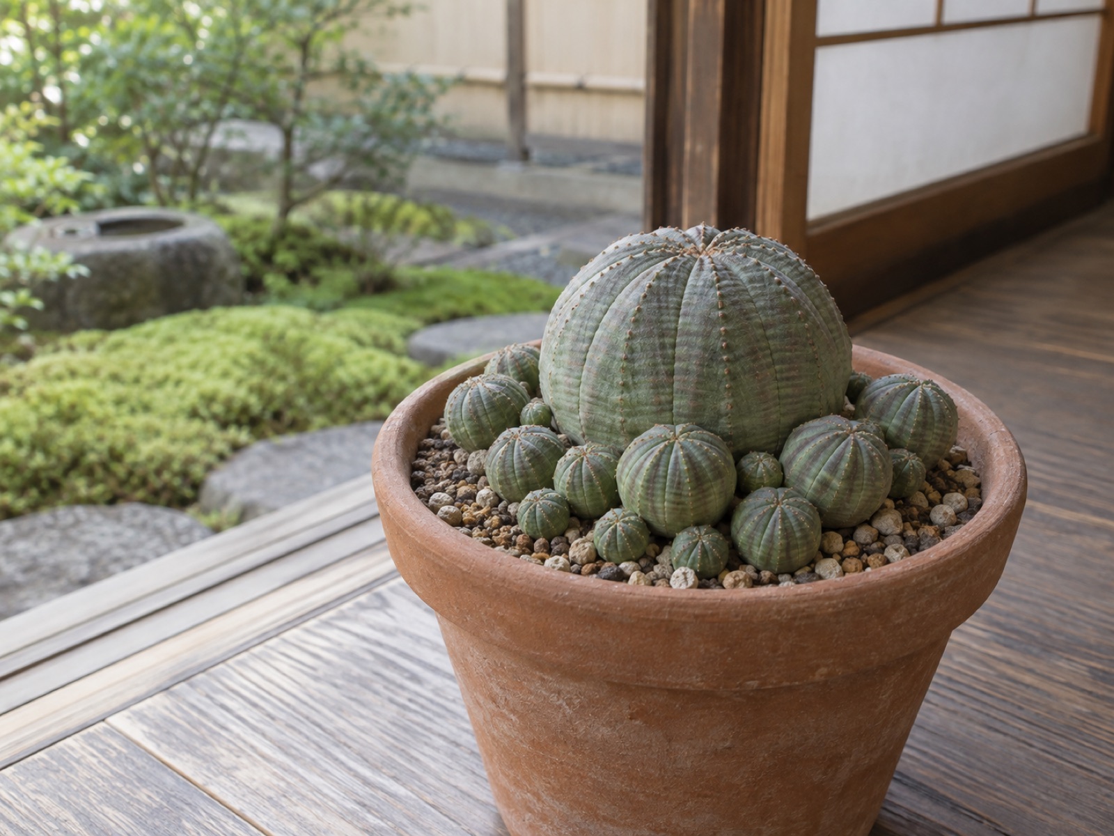 株元から小さな子株をいくつも吹いて群れたオベサの鉢を斜め上から見た構図