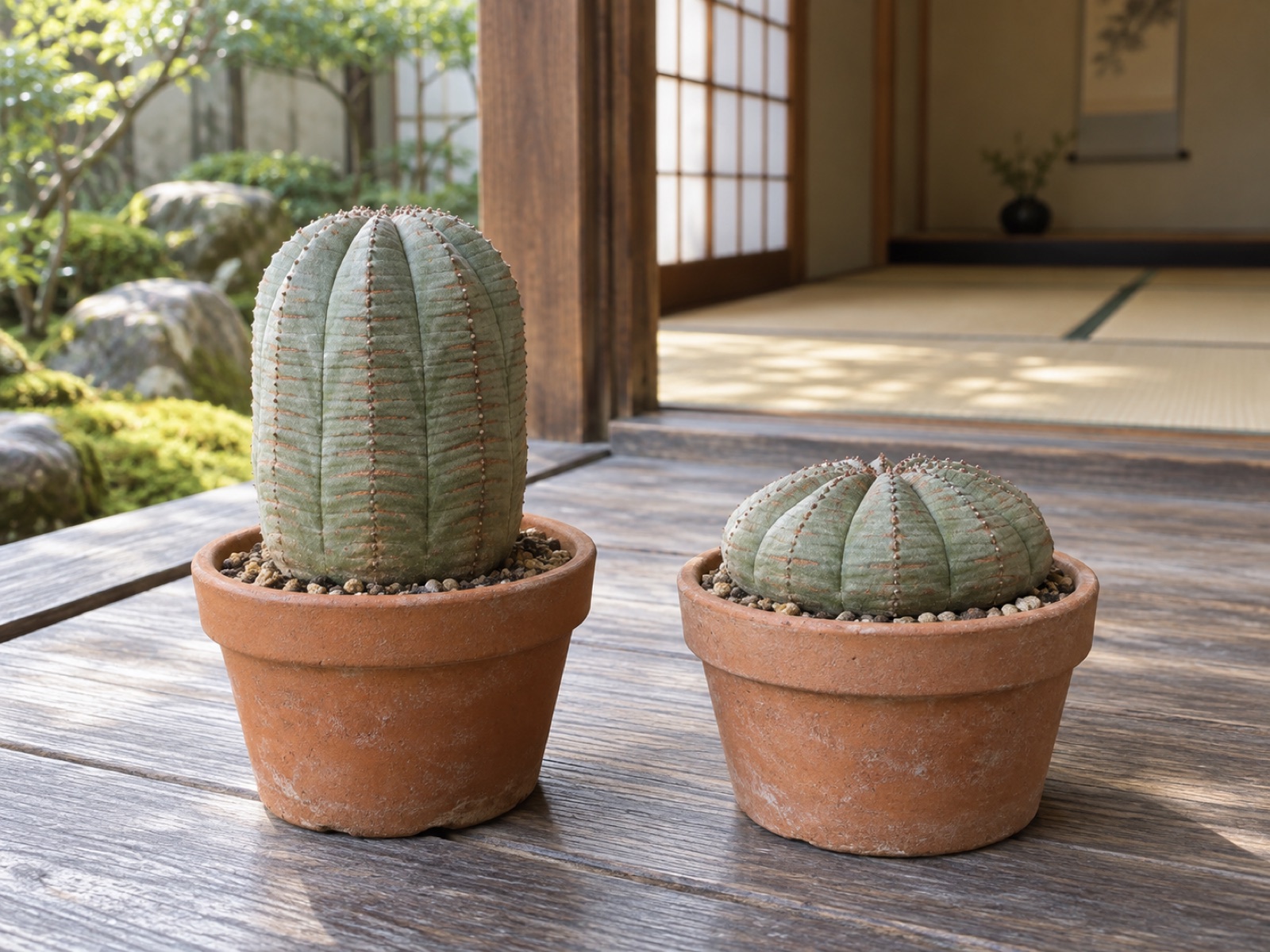 素焼き鉢に植えた2つのオベサの比較。左は縦に伸びて円柱に近づいた株、右は平たく低いまま横に広がった株
