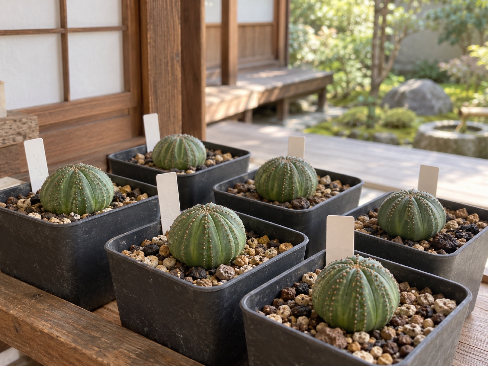 四角い黒いポットに植えられた、直径2cmほどの球形の幼苗が6つ並んでいる。どれも緑色で縞が淡く、花柄はまだ無い