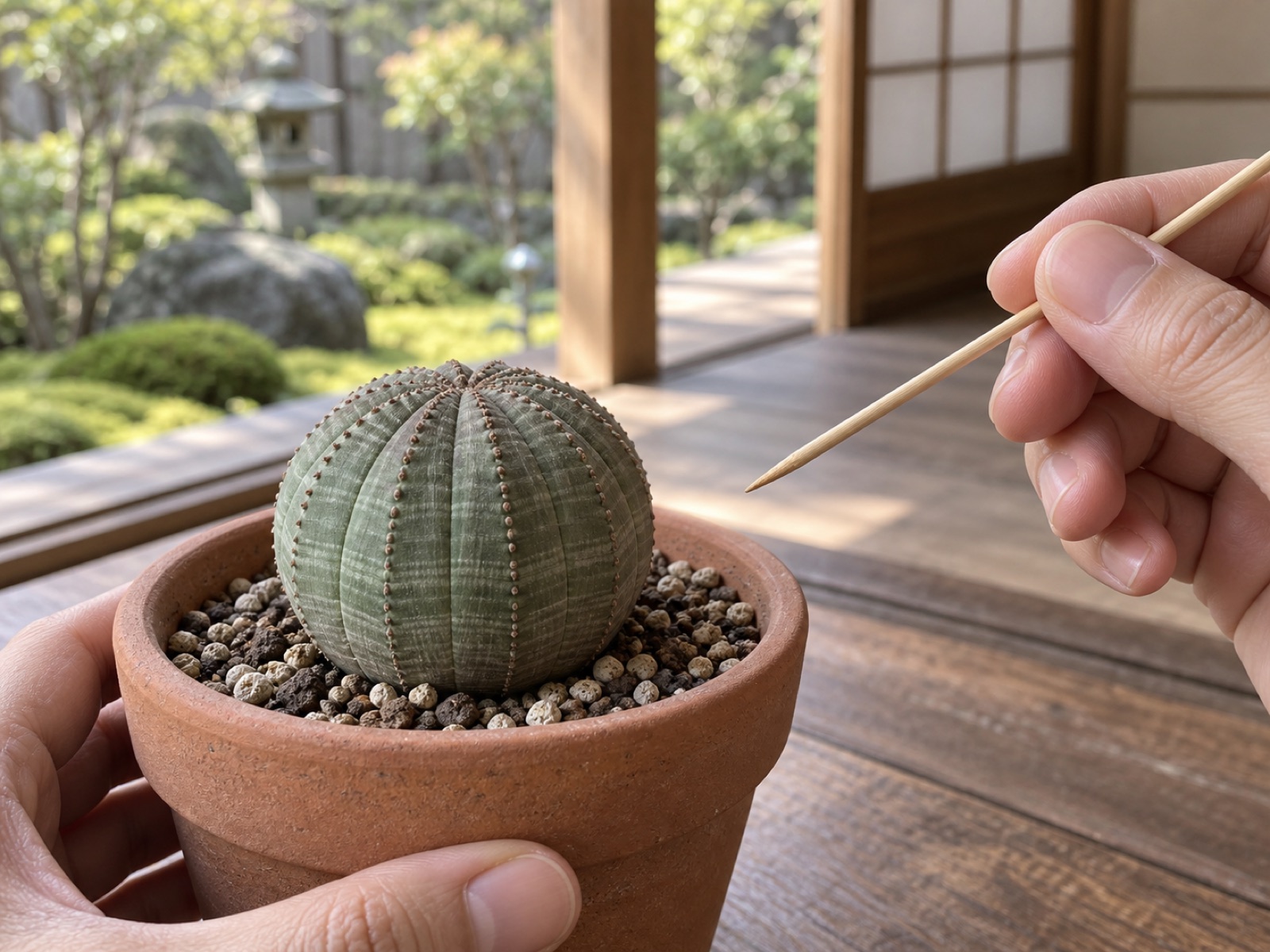 竹串を鉢土に挿して乾き具合を確かめる手元