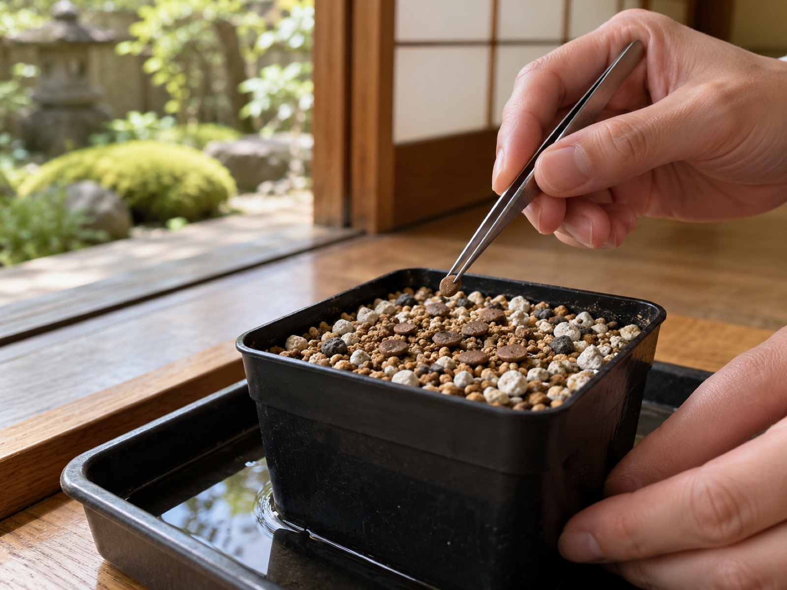 赤玉土と軽石の細粒を入れた黒い角鉢に、ピンセットで平たい茶色の種を置いている手元。鉢は浅く水を張ったトレーに置かれている