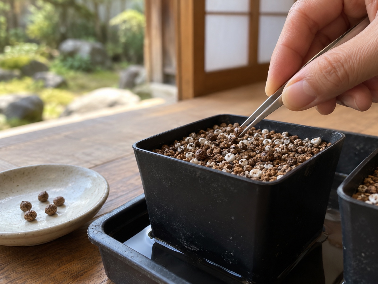赤玉土と軽石の細粒を入れた黒い角鉢に、ピンセットで茶色の種を置いている手元。トレーには浅く水が張られている