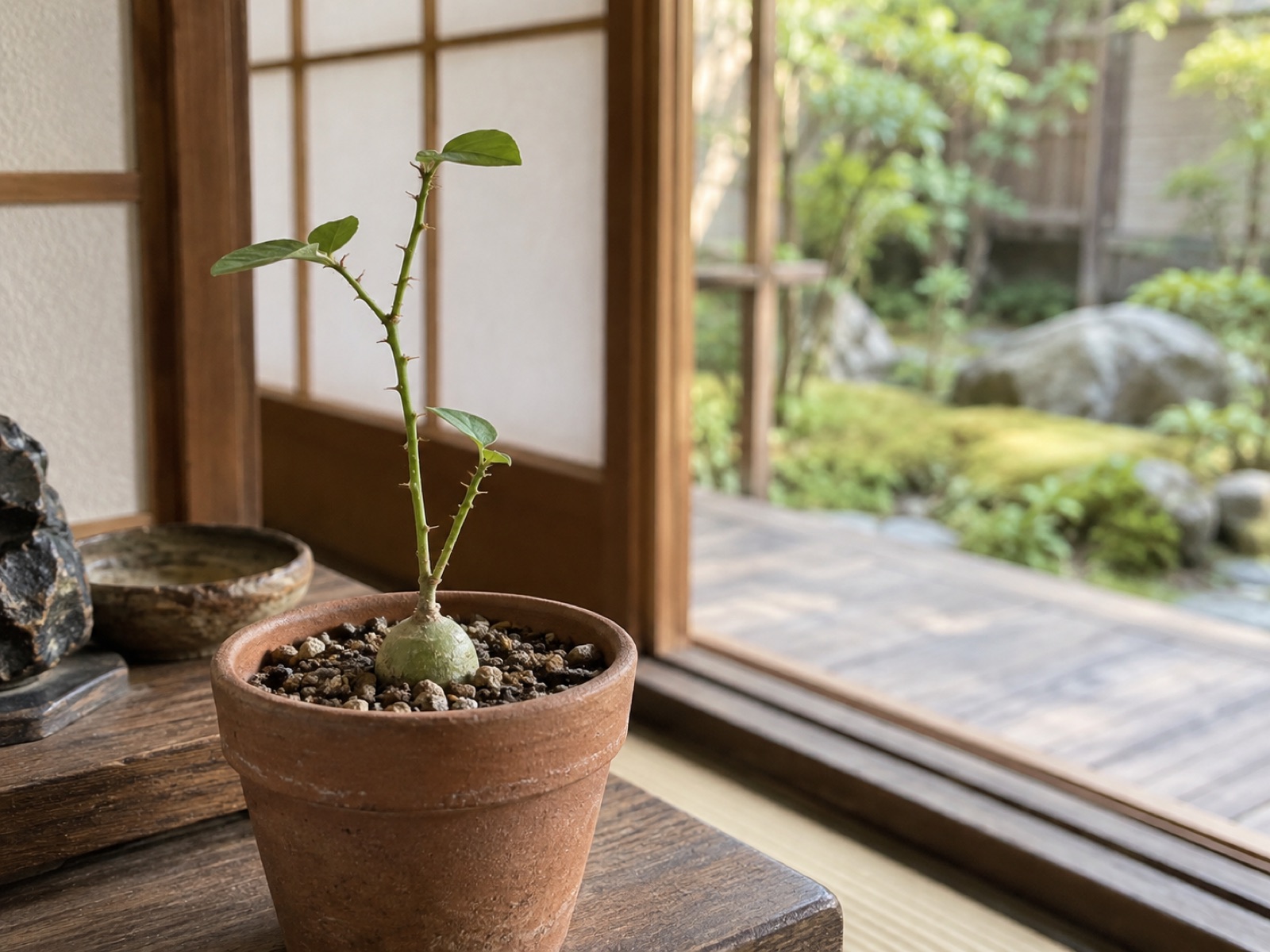 小さな素焼き鉢に植わった種から1年ほどのアデニア・グロボーサの苗。根元が緑がかった小さな球状にふくらみ、細い緑の茎に小さなトゲと楕円形の葉がついている