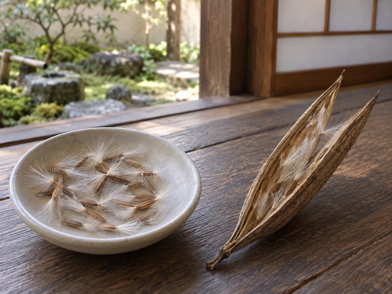 白い小皿に、両端に綿毛の房がついた細長い薄茶色のアデニウムの種が並び、横に裂けた細長い二股の莢が置かれている