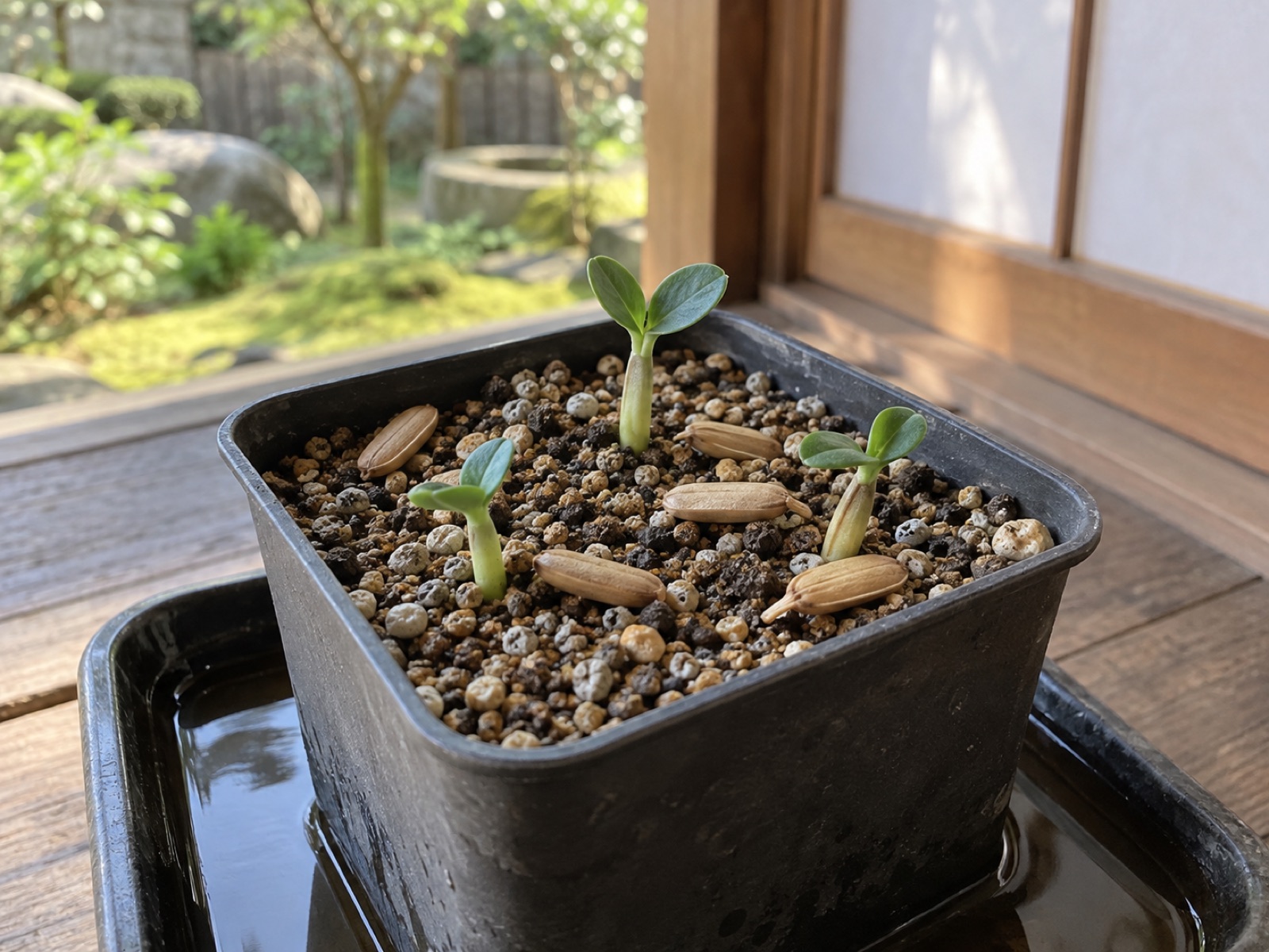 細かい粒の用土を入れた小さな角鉢に細長い種が横向きに並び、いくつかは丸い双葉を開いて発芽している。鉢は浅い水のトレーに置かれている