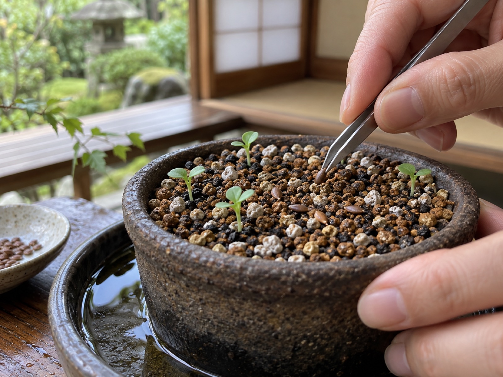 軽石と赤玉土を混ぜた用土を入れた鉢に、ピンセットで平たい茶色の種を置いている手元。そばには双葉を開いた苗が数本出ている