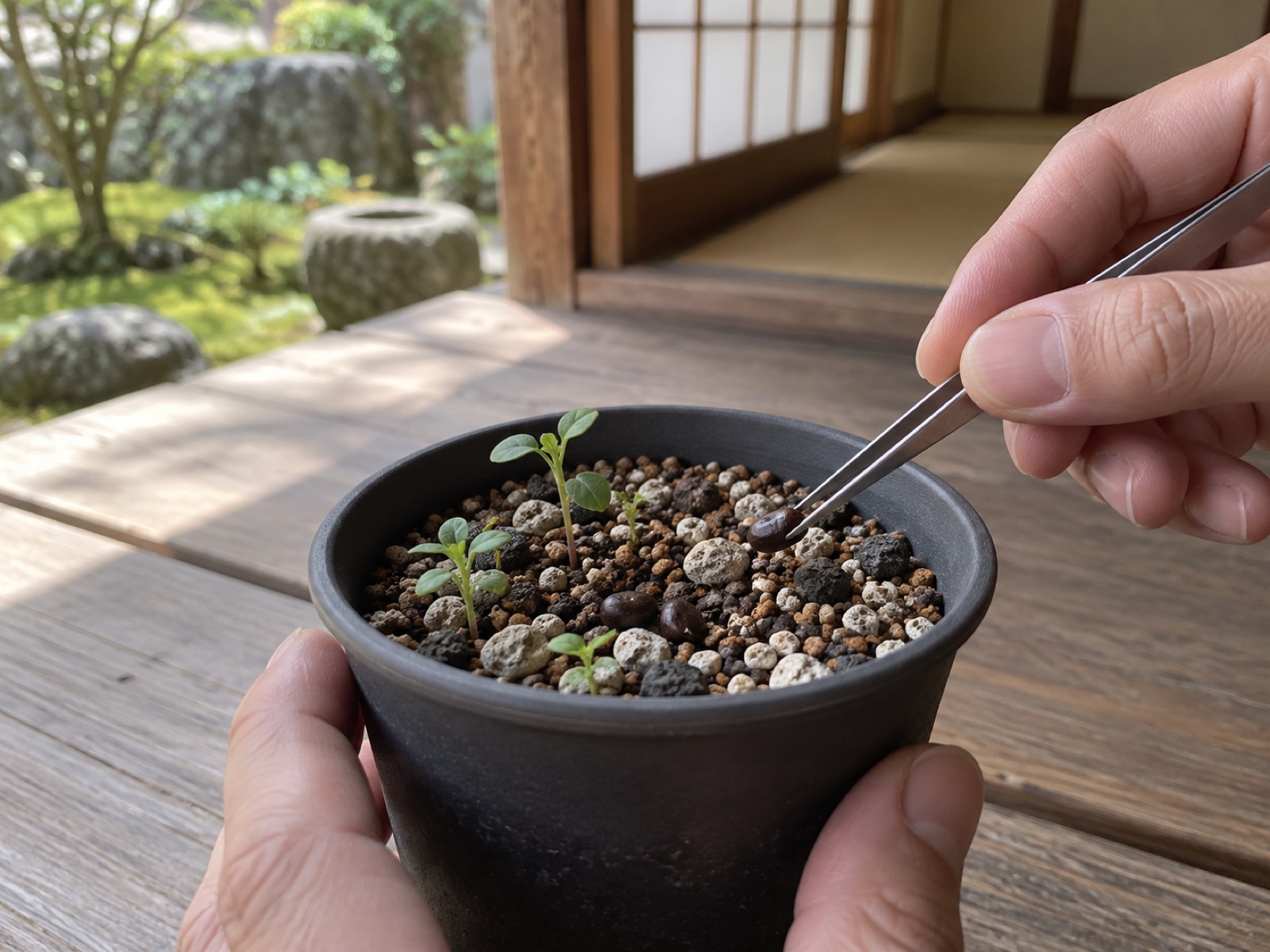 軽石と赤玉土を混ぜた用土の鉢に、ピンセットで黒っぽい楕円形の種を置いている手元。そばには小さな葉を開いた苗が数本出ている