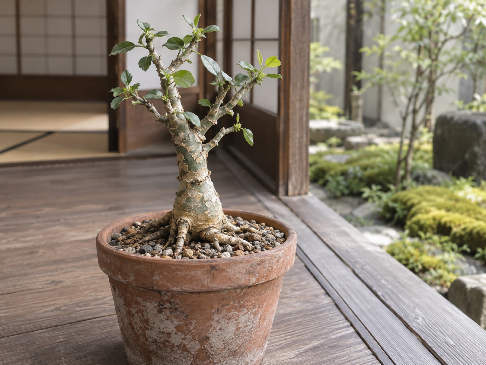 素焼き鉢に高めに植えられた若いコミフォラの実生株。ふくらんだ根元と太い根が土の上に出て、薄く剥がれる樹皮の幹から短い枝が分かれている