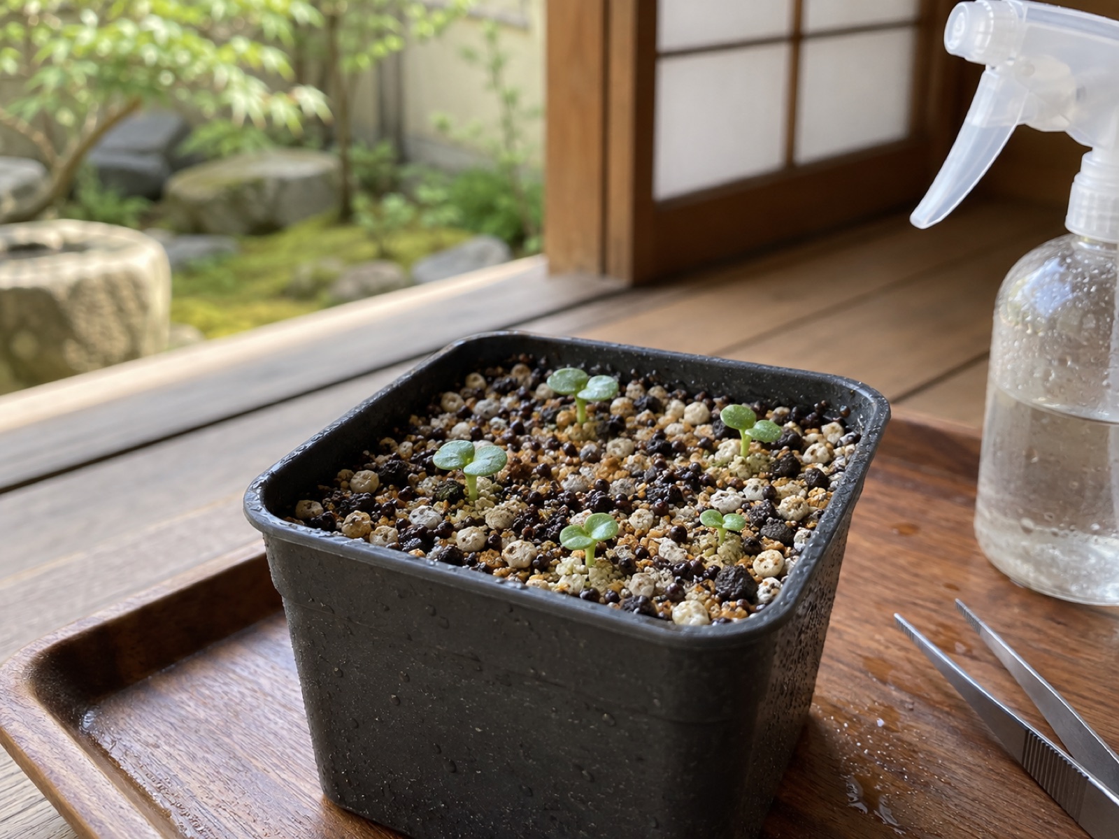 細かい用土を入れた黒い角鉢の表面に、丸い双葉を開いた小さな芽がいくつか出ている。横に霧吹きとピンセットが置かれている