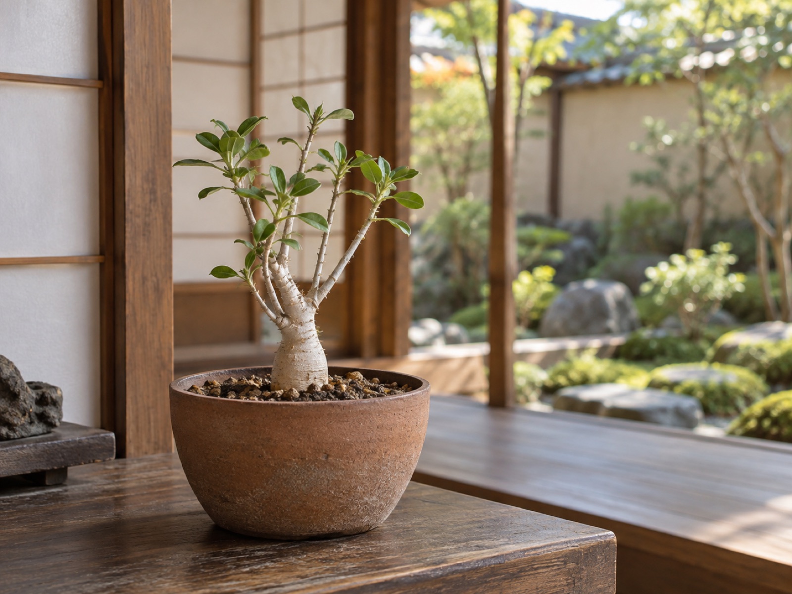 素焼きの丸鉢にやや高めに植えられた若いフォークイエリア・ファシクラータの実生株。根元が白っぽくなめらかにふくらみ、短い枝に小さな緑の葉がついている