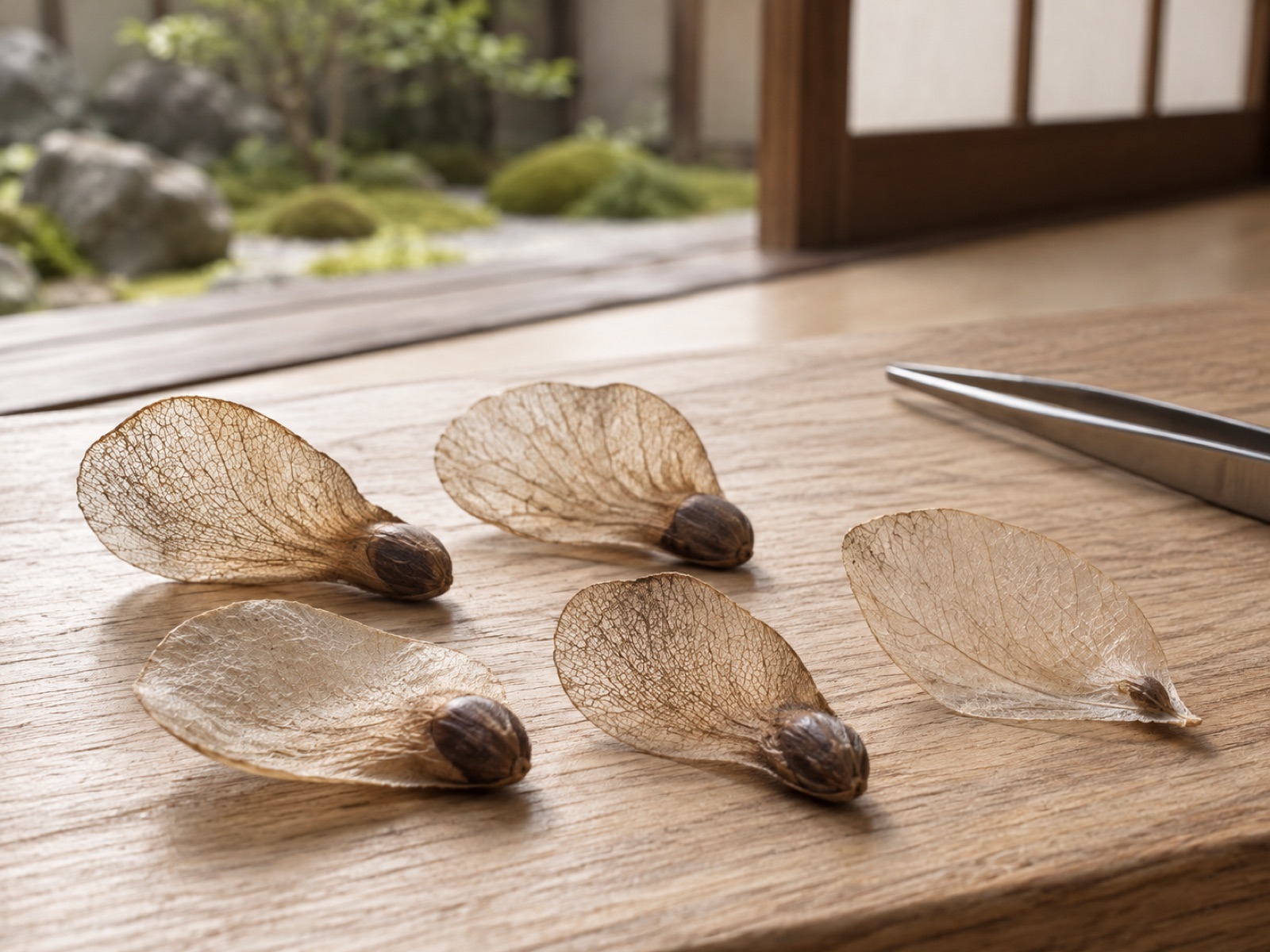 亀甲竜の種子のアップ。半透明の薄い羽の根元に、ふっくらとした茶色の種の本体がついている。右端には本体が細くしぼんだ種が1つ混じっている