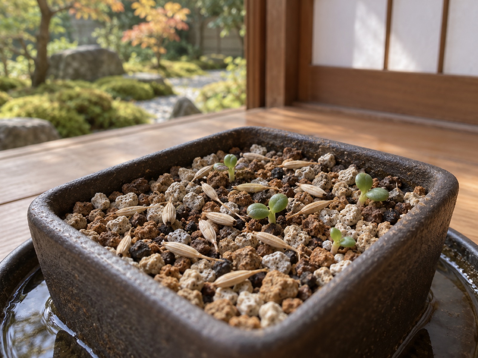 細かい粒の用土を入れた小さな角鉢に細長い種が並び、いくつかは丸い双葉を開いて発芽している。鉢は浅い水のトレーに置かれている