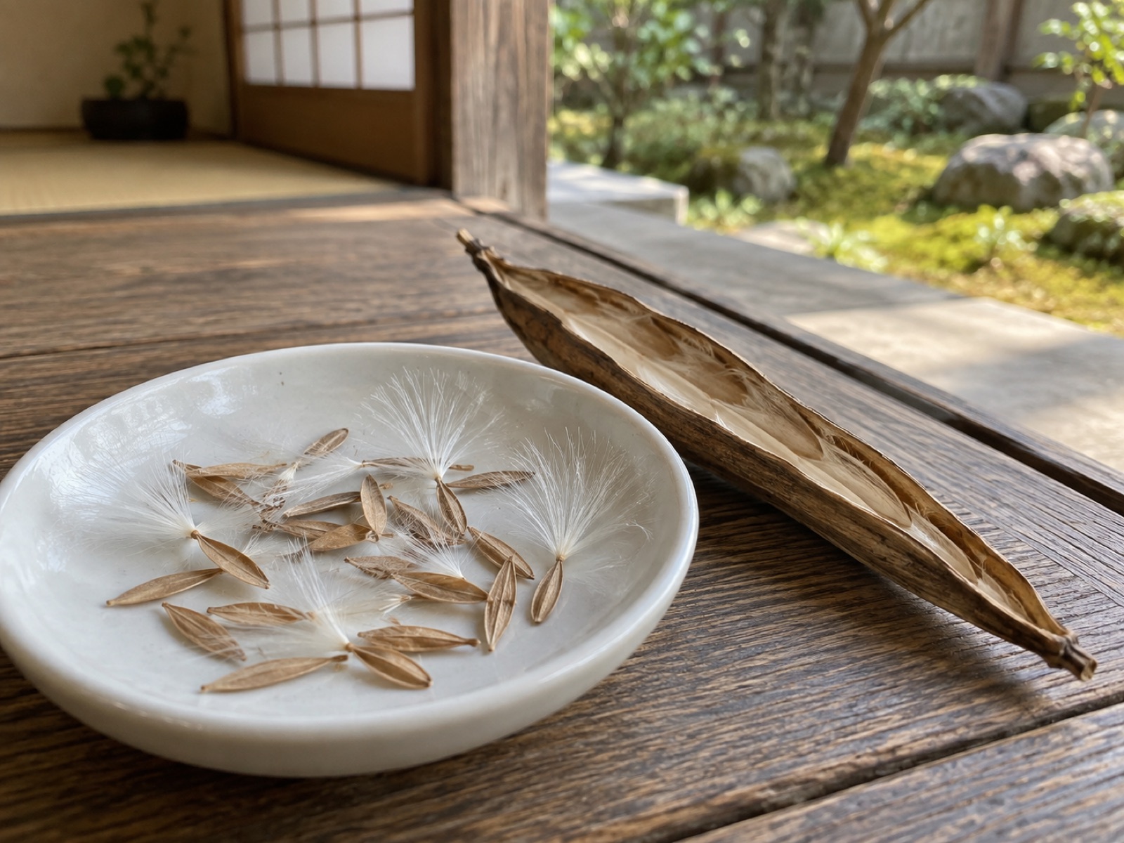 白い小皿に細長く平たい薄茶色の種が並び、いくつかには白い綿毛がついたまま。横に裂けた細長いさやが置かれている