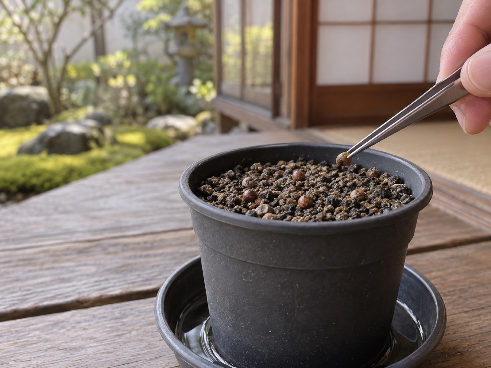 軽石まじりの用土を入れた小鉢に、ピンセットで小さな丸い種を間隔をあけて置いている手元