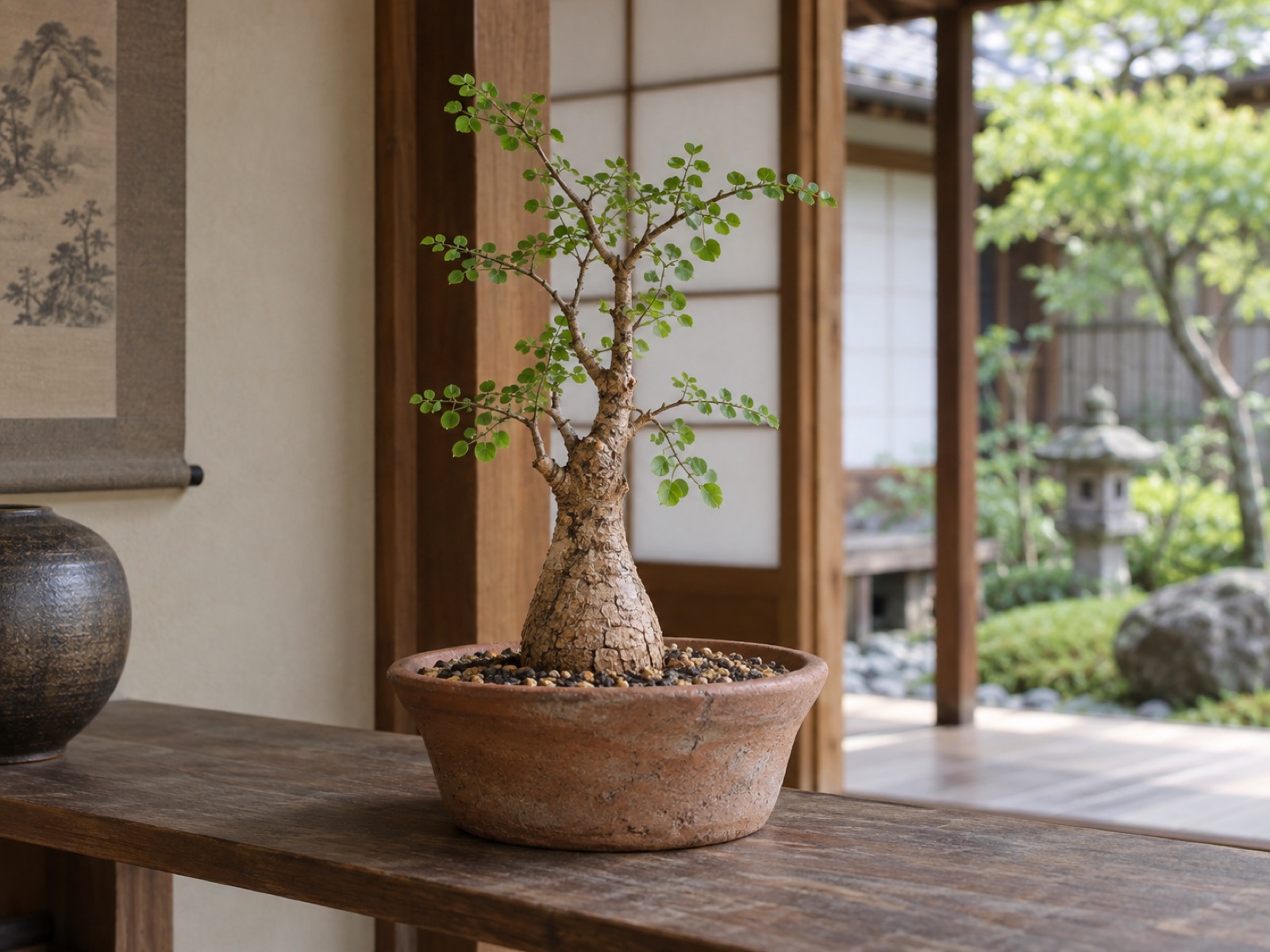 素焼き鉢に浅く植えられた数年目のパキプスの実生株。とっくり形の幹に薄いコルク質の肌ができはじめ、短い枝に小さな丸い葉がついている
