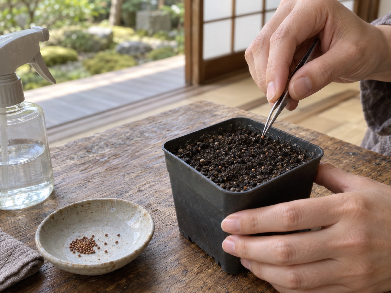細かい用土を入れた鉢の表面に、ピンセットで小さな種を1粒ずつ置いている手元