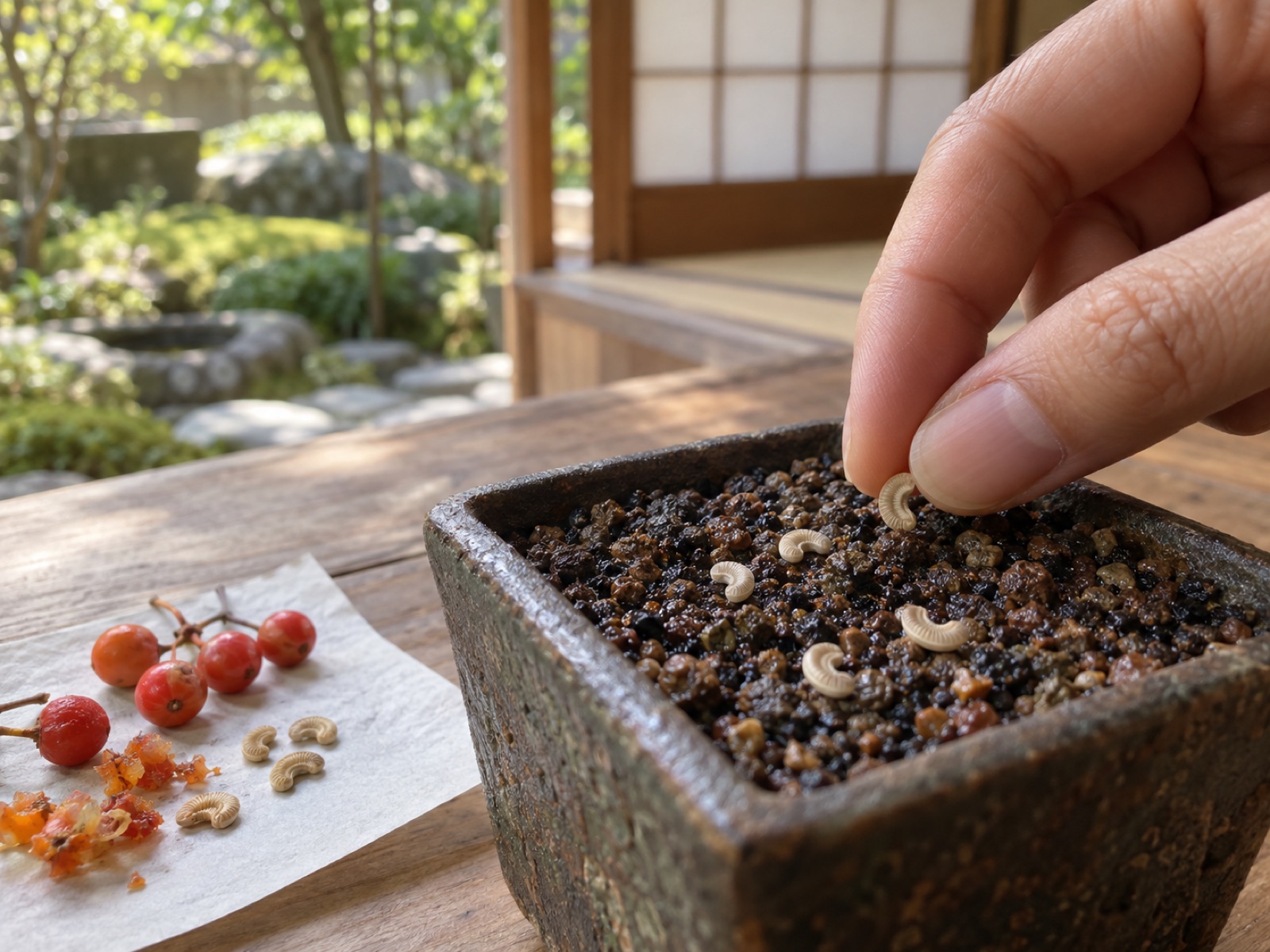 白い紙の上に赤い小さな実と取り除いた果肉が置かれ、手前の手が、馬蹄形に湾曲した淡いベージュの種を細粒の用土の表面に並べている