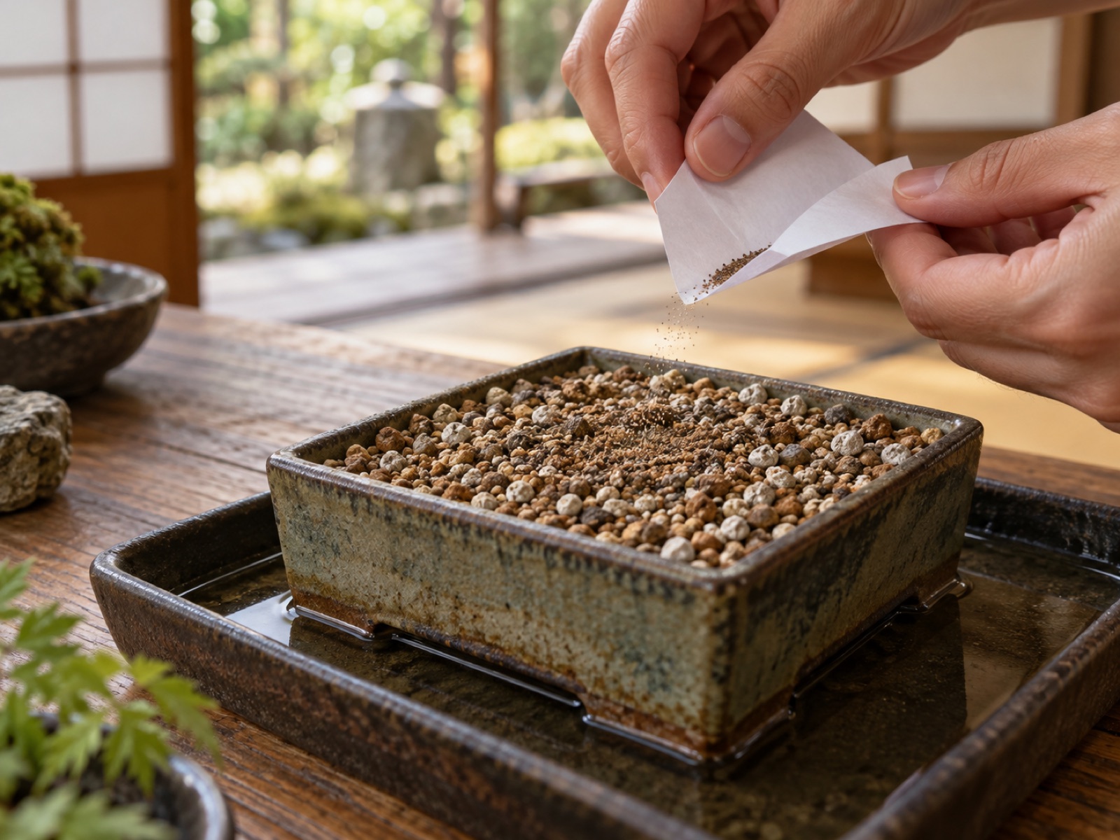 白い紙を折って、粉のように細かい茶色の種を、細粒の用土を入れた角鉢の表面へ指先でたたき落としている手元。鉢は水を張った受け皿に置かれている