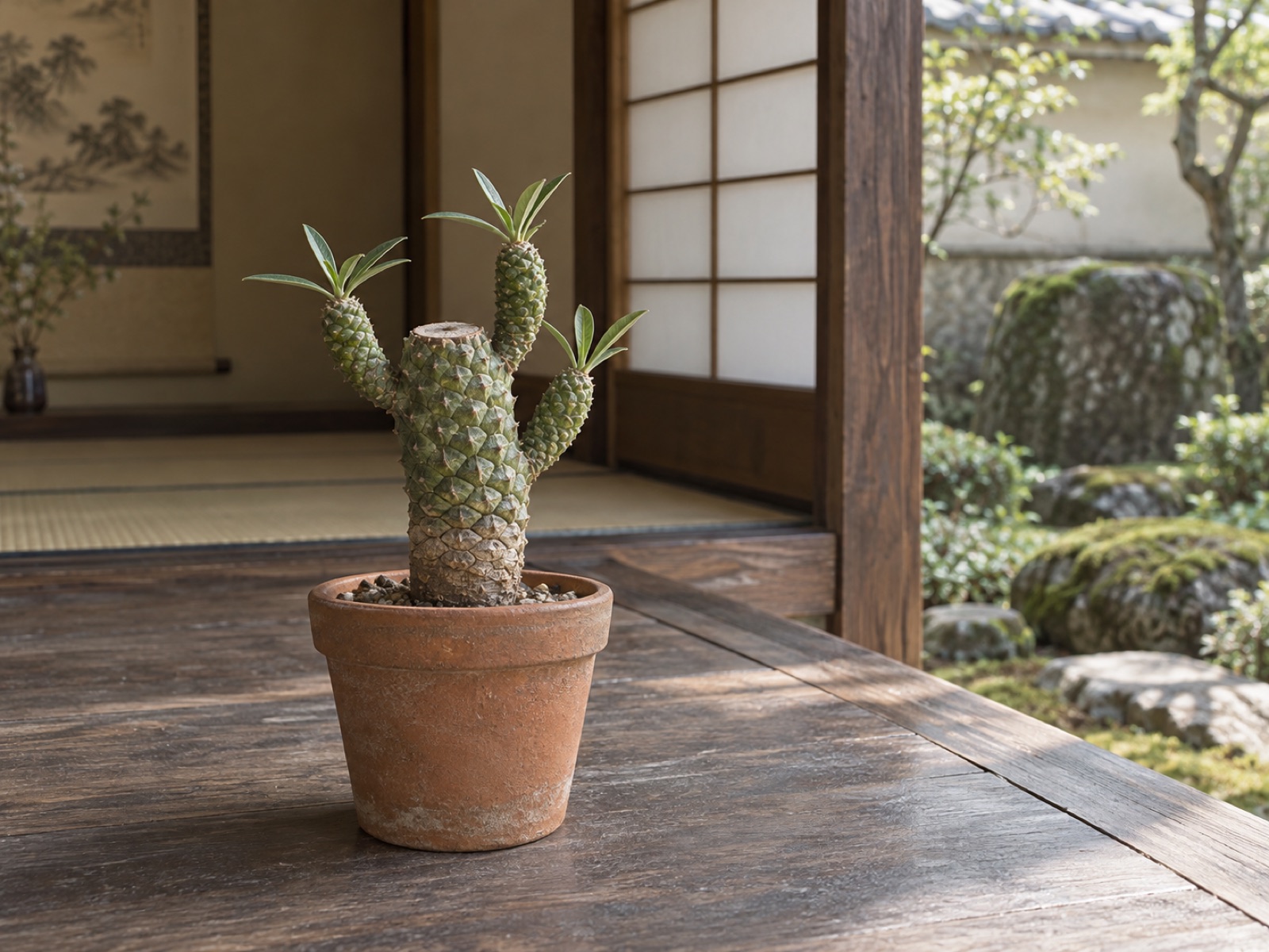 素焼き鉢に植えた峨眉山鉄甲のイメージ。頂部が平らに切られて乾いた跡があり、そのすぐ下から鱗状の短い枝が3本、腕を上げるように伸びている