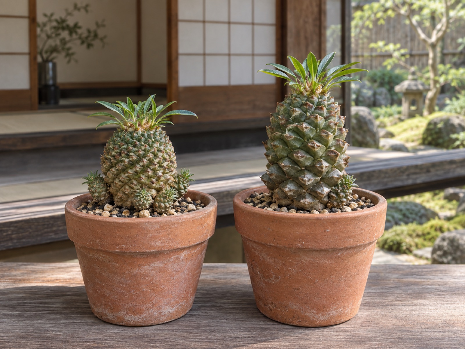 同じ素焼き鉢に植えた2株のユーフォルビアを並べた様子。左は丸みのある短い株で株元に子株が集まり、右はやや背が高く、松かさのような突起がくっきり積み上がっている