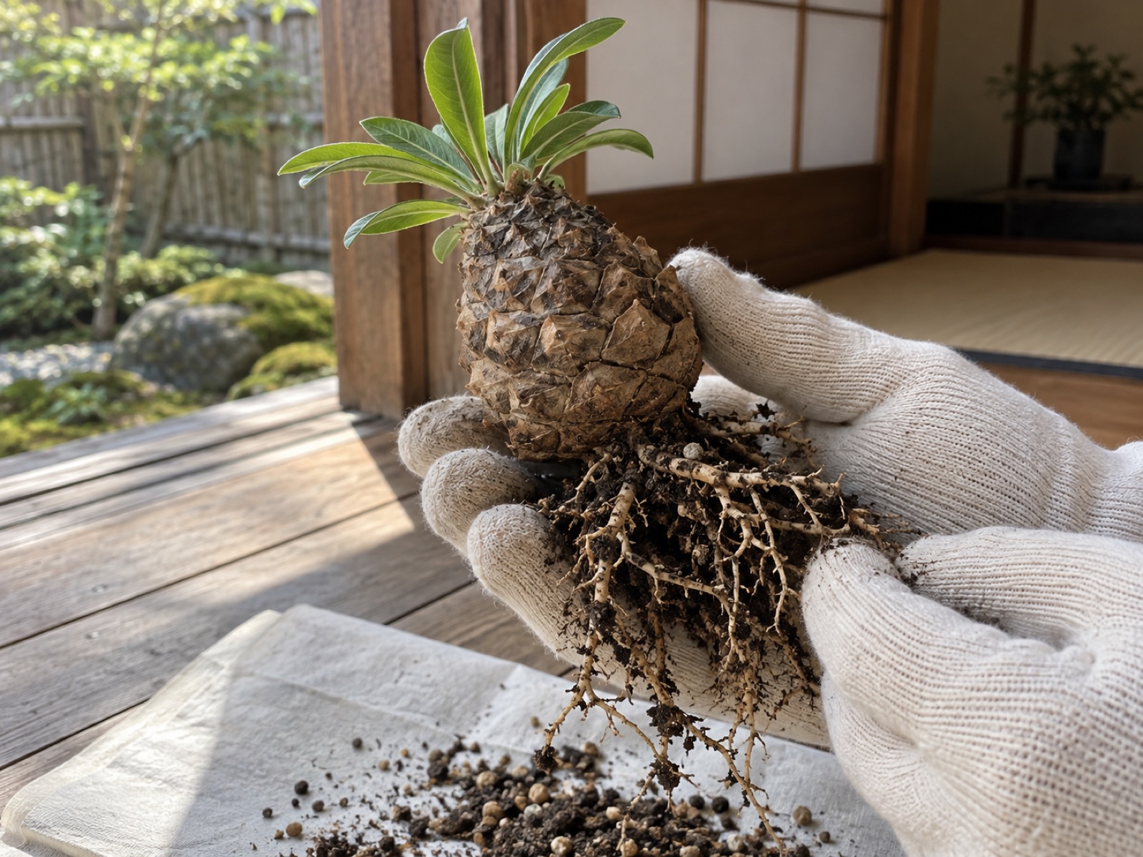 鉢から抜いた鉄甲丸を手のひらに乗せ、幹の下から細い根が用土をつかんでいる様子を確かめている手元