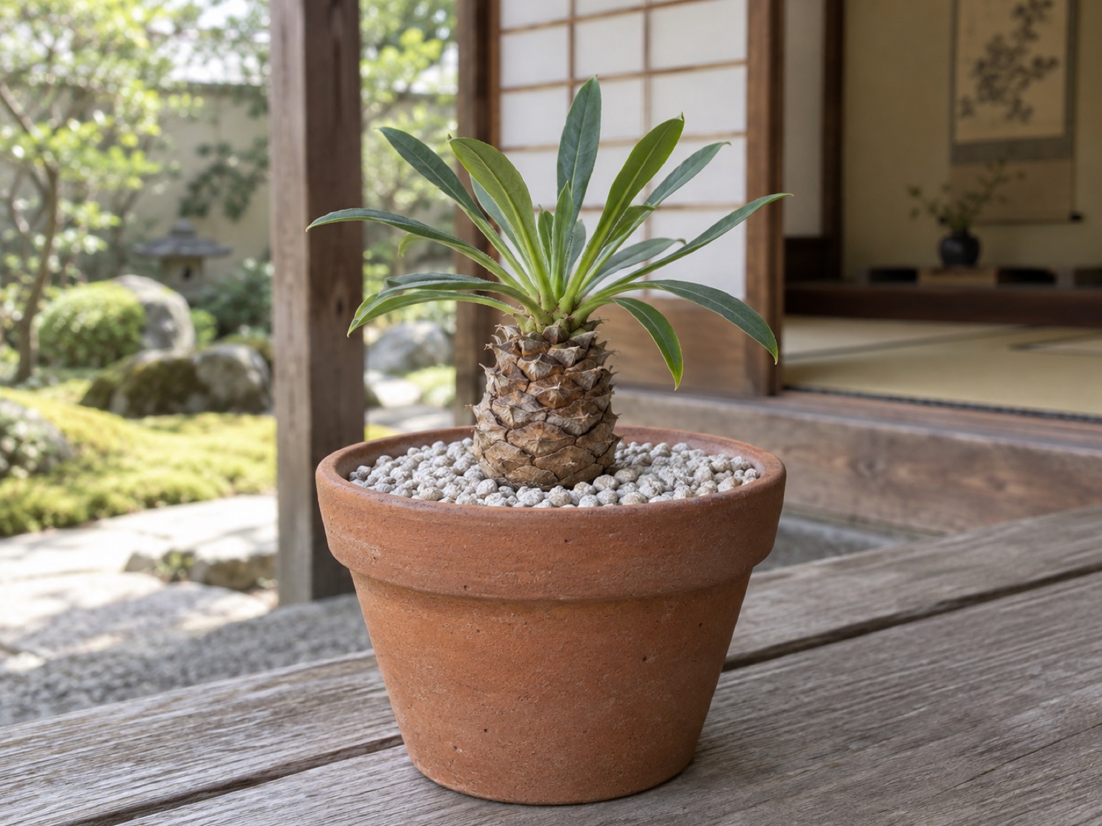 素焼き鉢に浅く植えられた鉄甲丸。松かさ状の幹は土の上に出て、株元に白い軽石が敷かれている