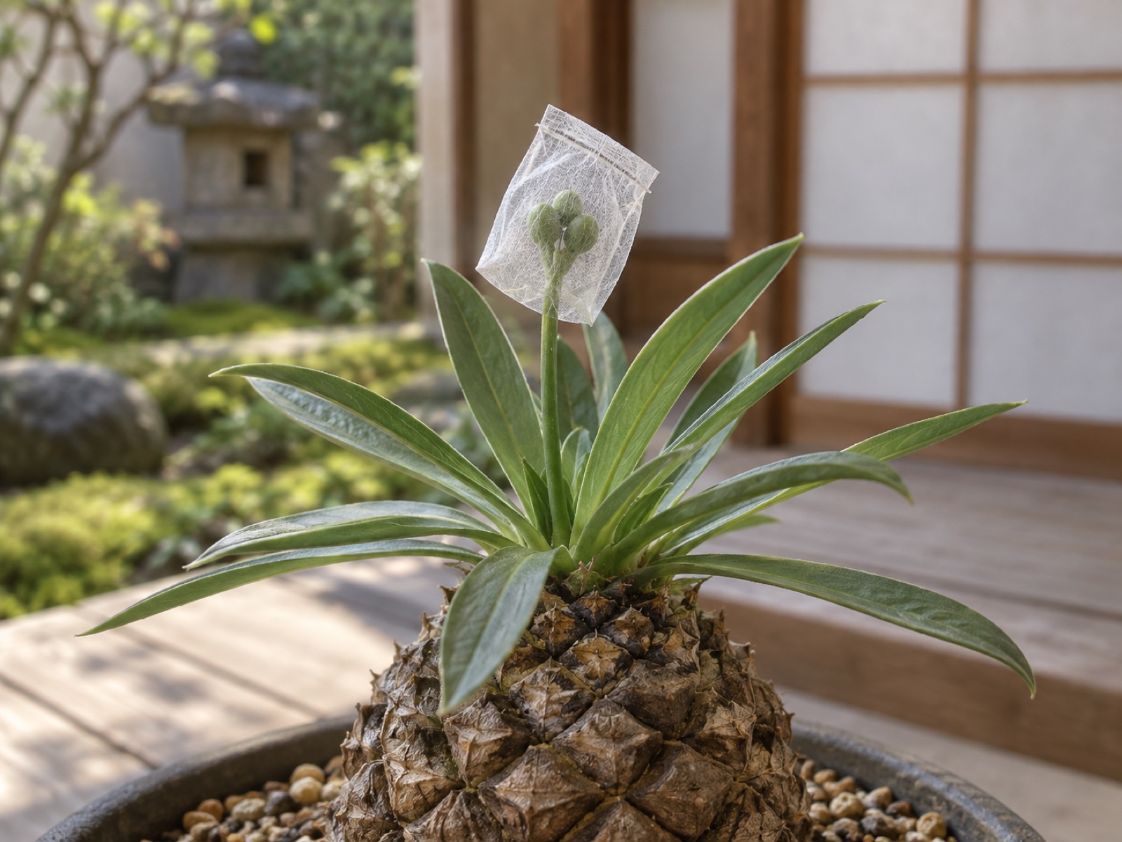 鉄甲丸の頂部で、細い花柄の先に3つの部屋に分かれた丸い果実が付き、通気性のある小袋がかぶせてある