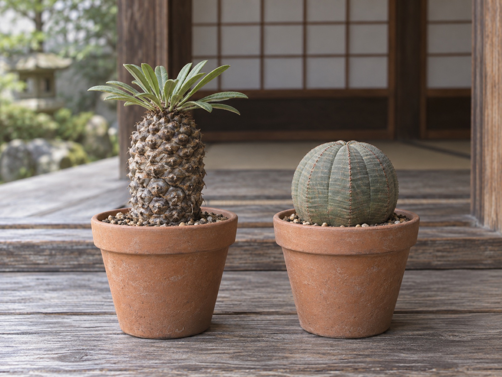 縁側に並べた鉄甲丸（左）とオベサ（右）。松かさ状の幹と、葉のない球形の対比