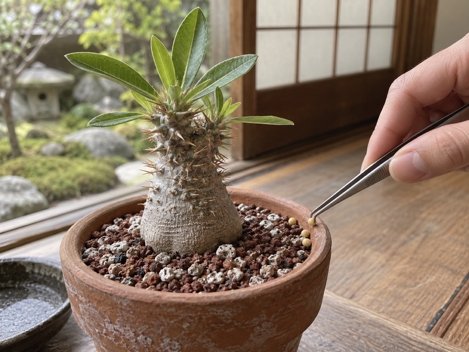 素焼き鉢に植えたパキポディウムの鉢の縁へ、ピンセットで丸い粒の肥料を数粒置いている手元