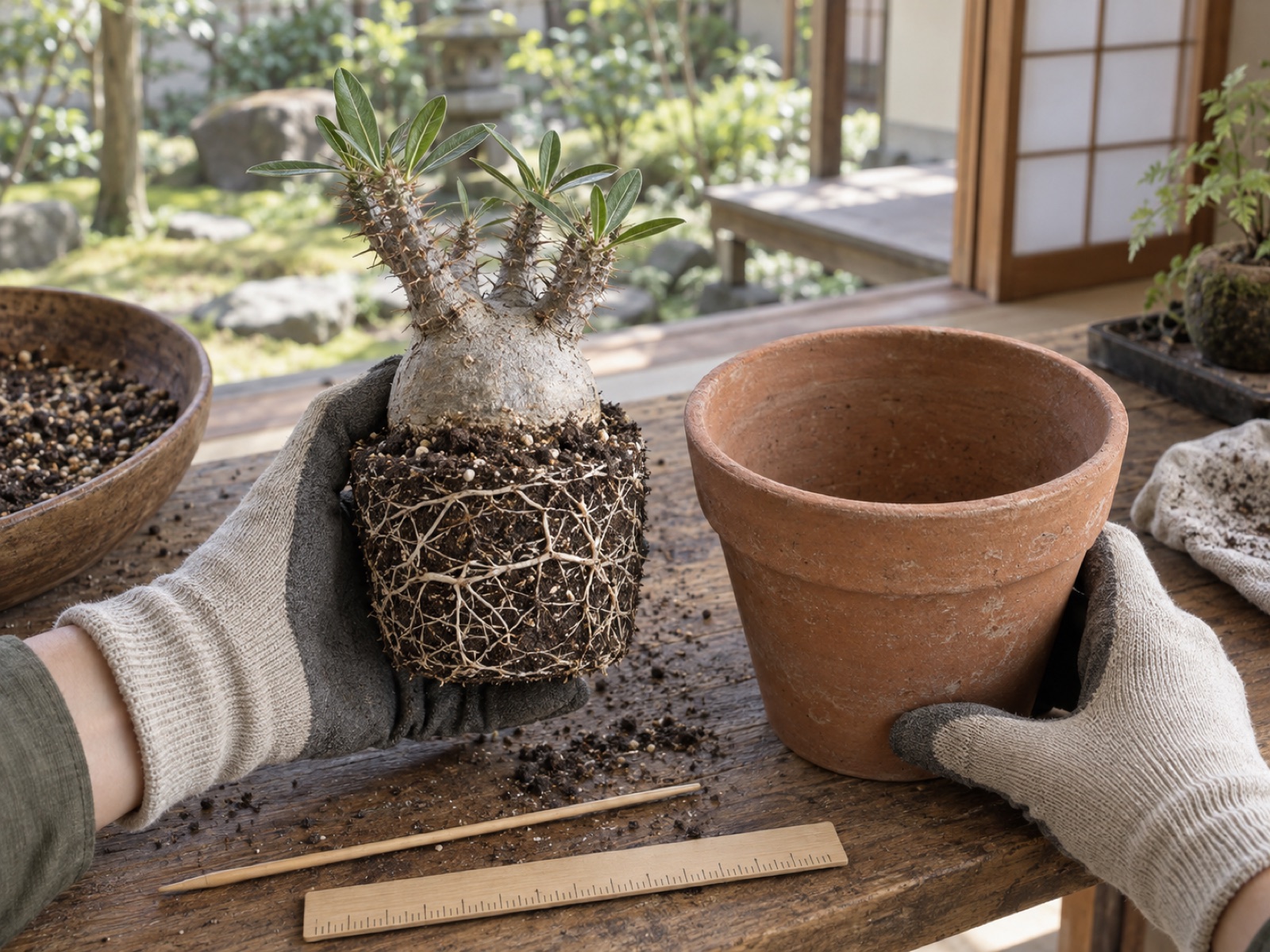 鉢から抜いた小さな塊根植物の根鉢を、空の素焼き鉢の横に並べて幅を見比べている手元