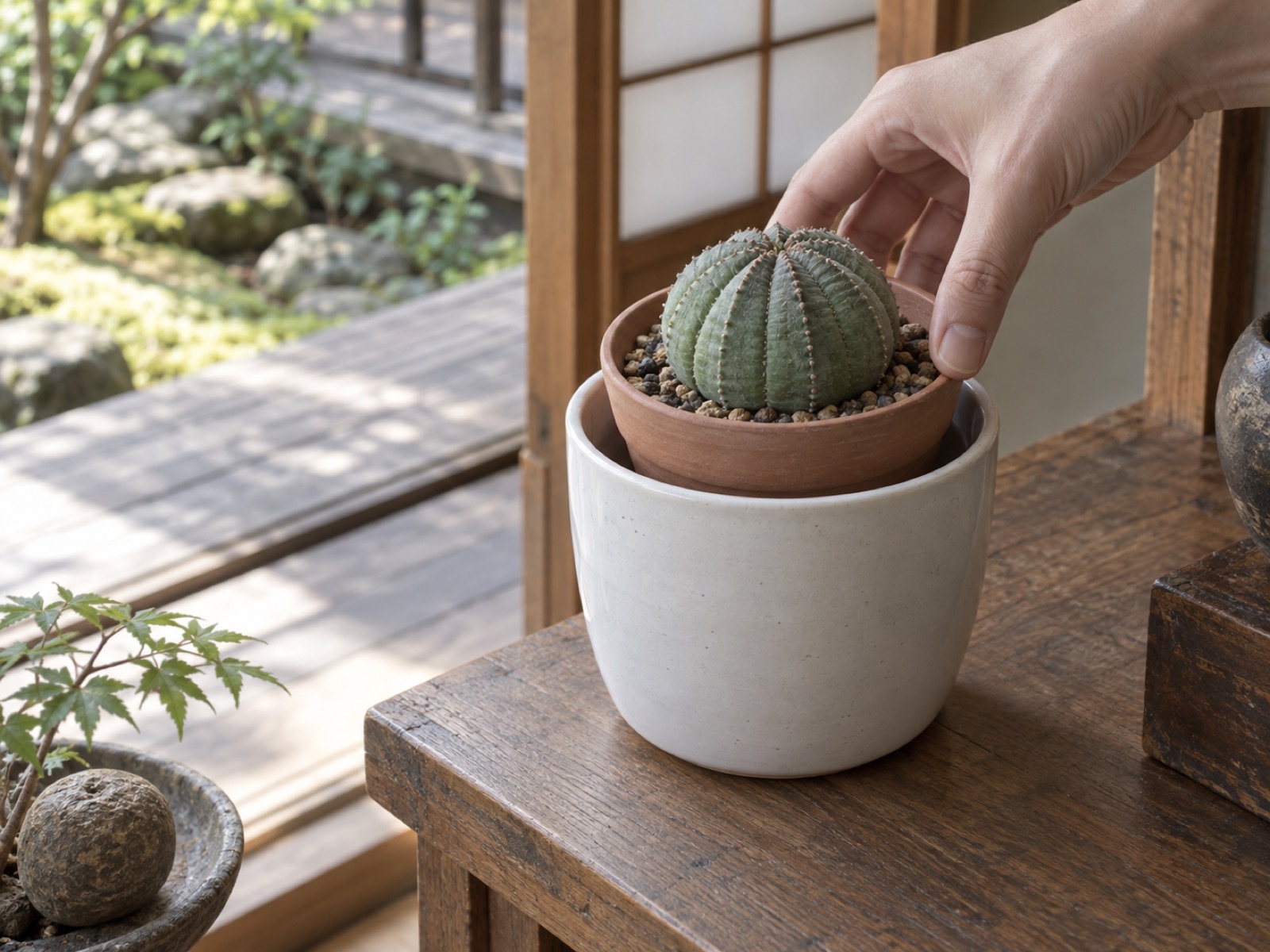 底穴のない白い陶器の鉢カバーに、オベサを植えた素焼き鉢を入れている手元