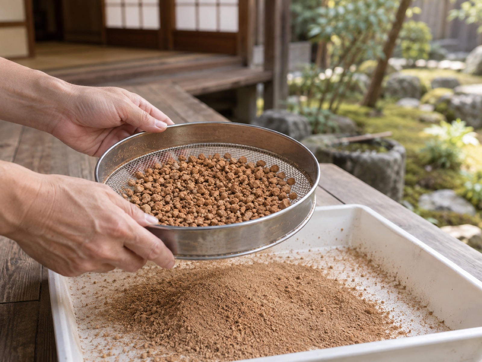 園芸用の丸いふるいで赤玉土をふるい、下の白いトレイに細かい粉状の土がたまっている手元
